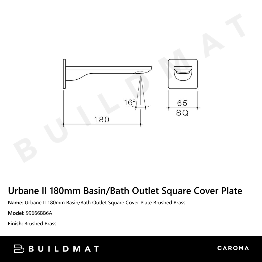 Urbane II 180mm Basin/Bath Outlet Square Cover Plate Brushed Brass