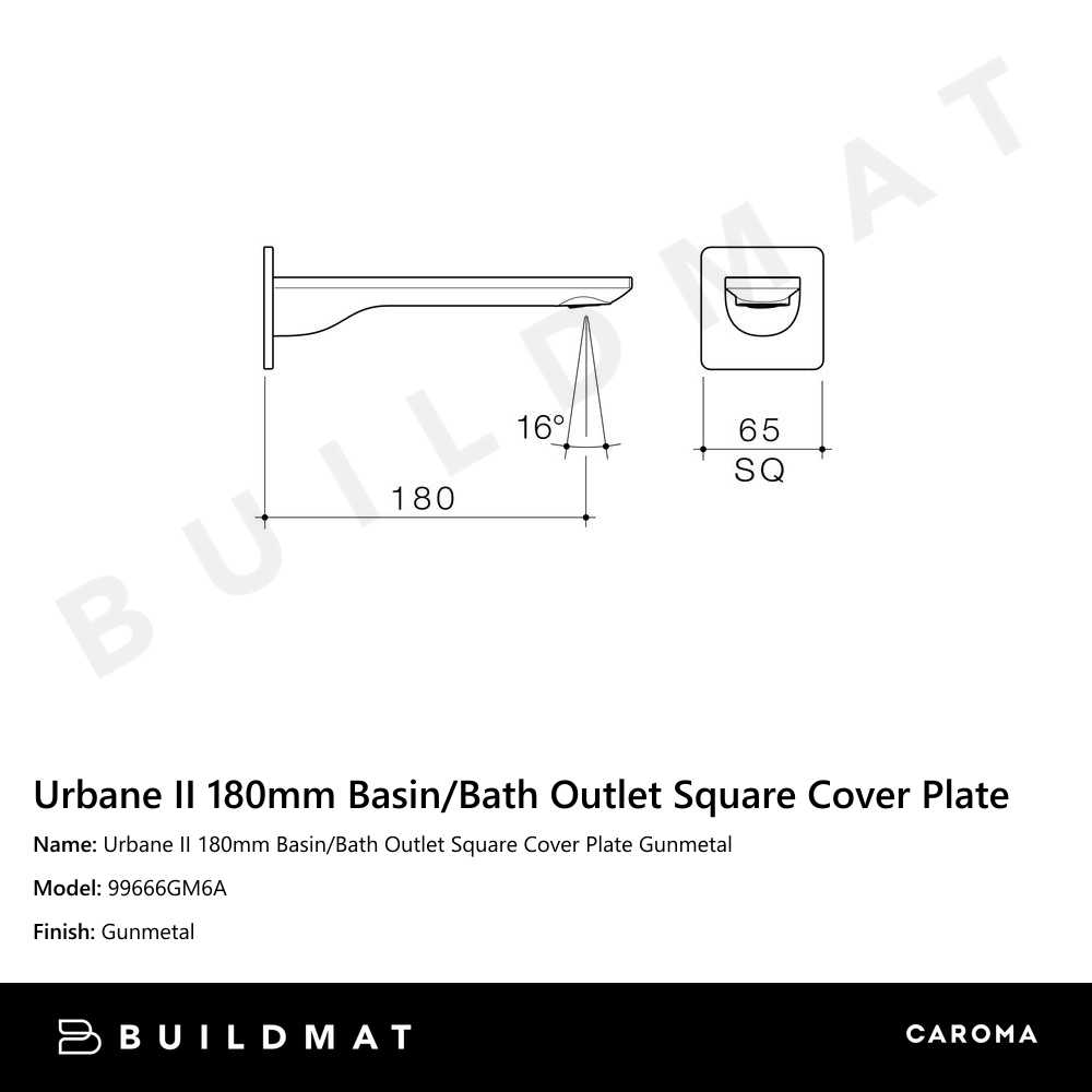 Urbane II 180mm Basin/Bath Outlet Square Cover Plate Gunmetal