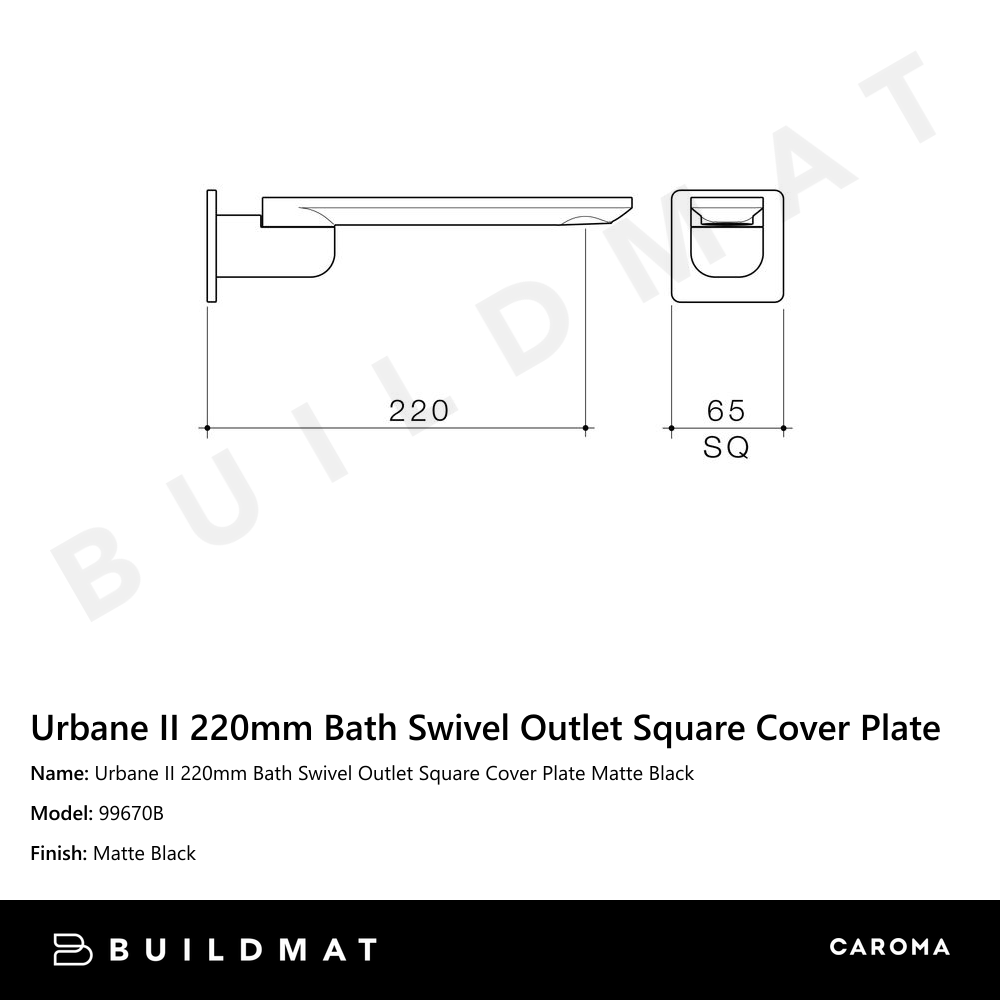 Urbane II 220mm Bath Swivel Outlet Square Cover Plate Matte Black