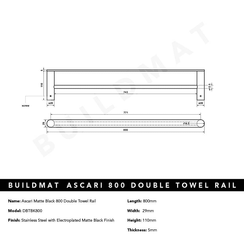 Ascari Matte Black 800 Double Towel Rail