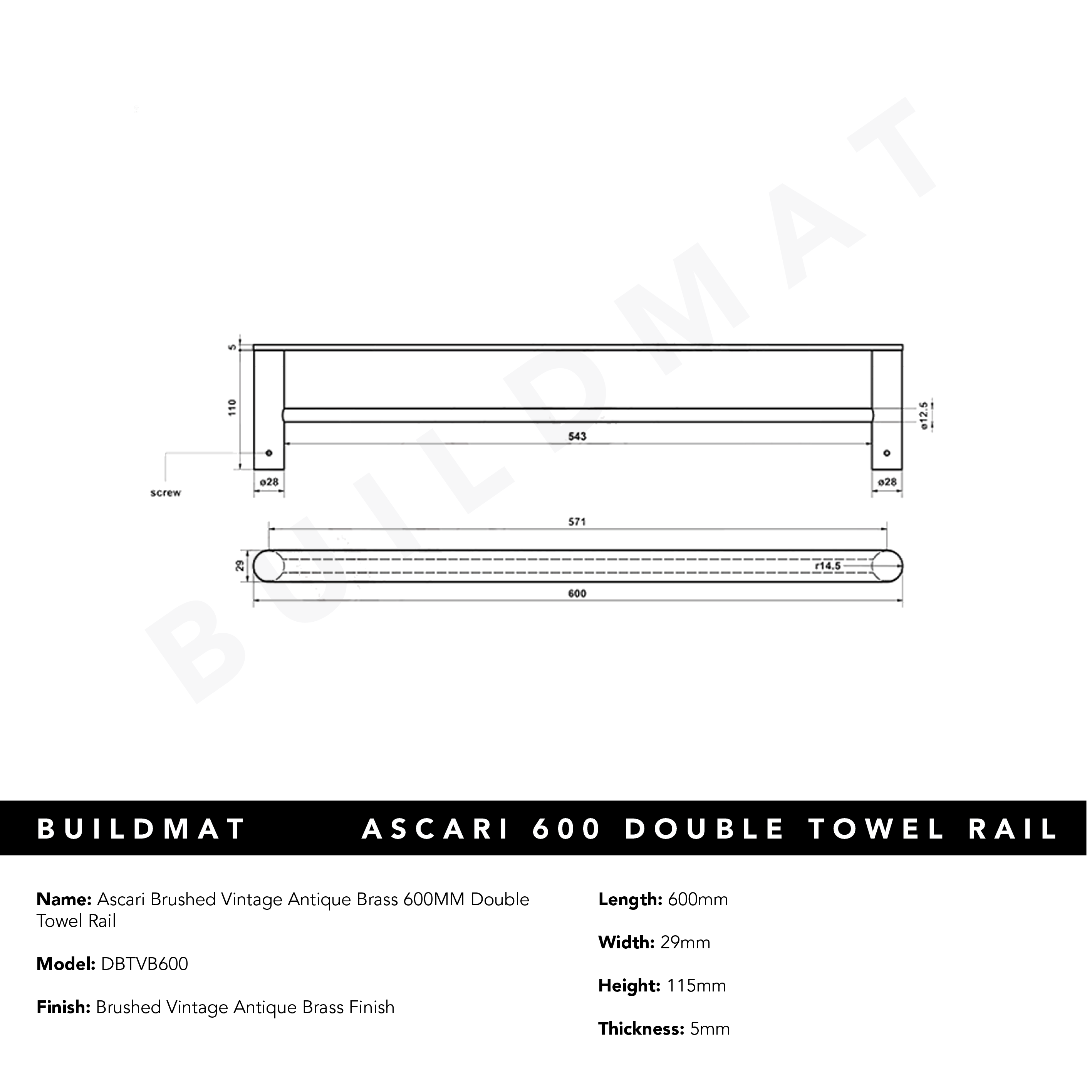 Ascari Brushed Vintage Antique Brass 600 Double Towel Rail