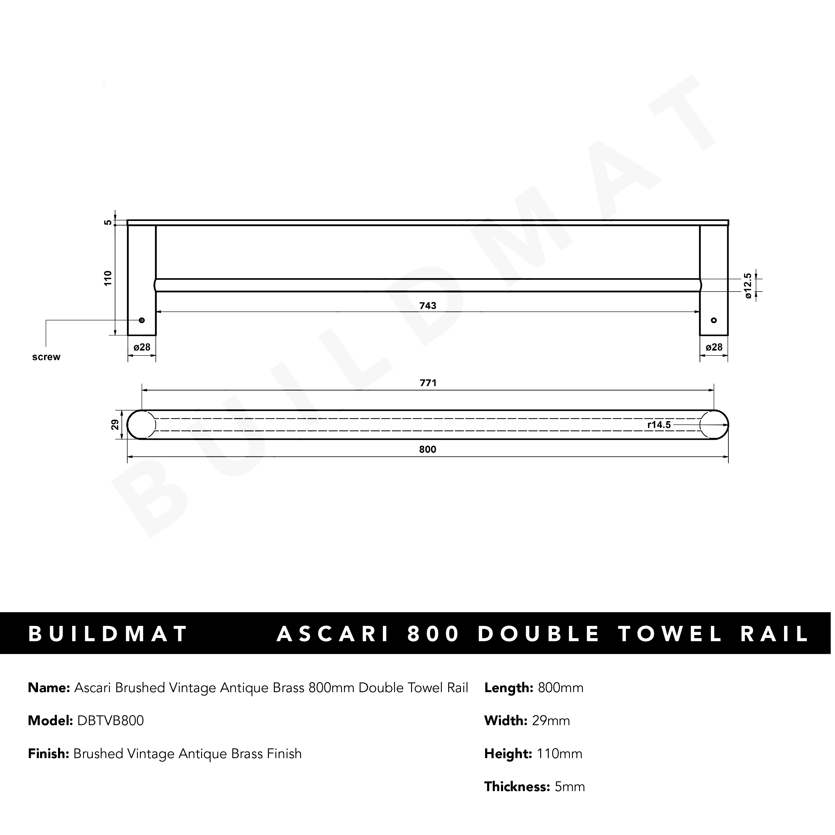 Ascari Brushed Vintage Antique Brass 800 Double Towel Rail