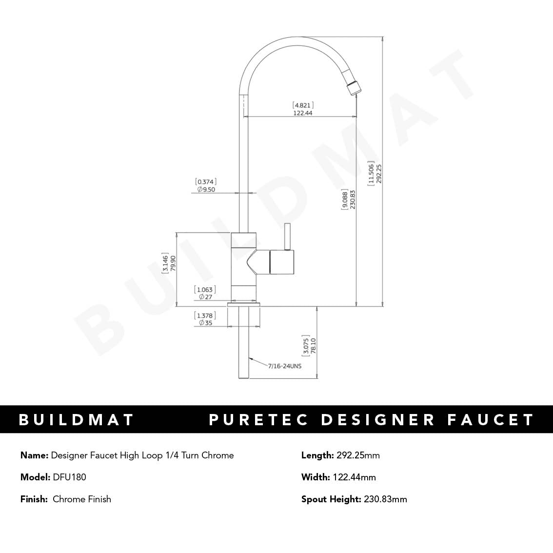 Designer Faucet High Loop 1/4 Turn Chrome Filter Tap