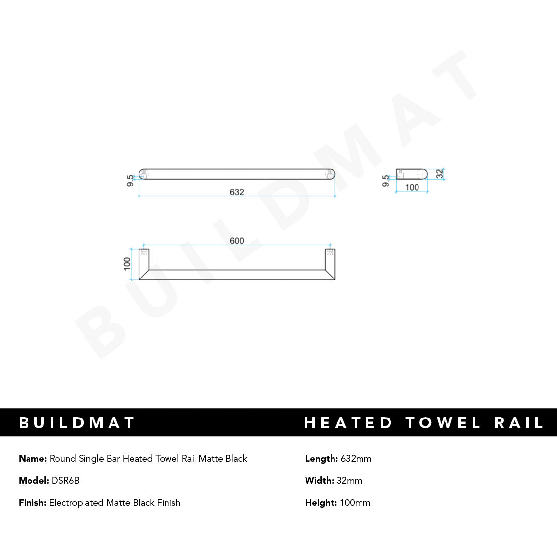 Round Single Bar Heated Towel Rail Matte Black