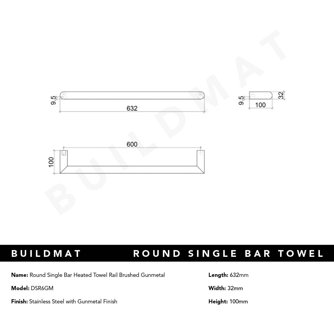 Round Single Bar Heated Towel Rail Brushed Gunmetal