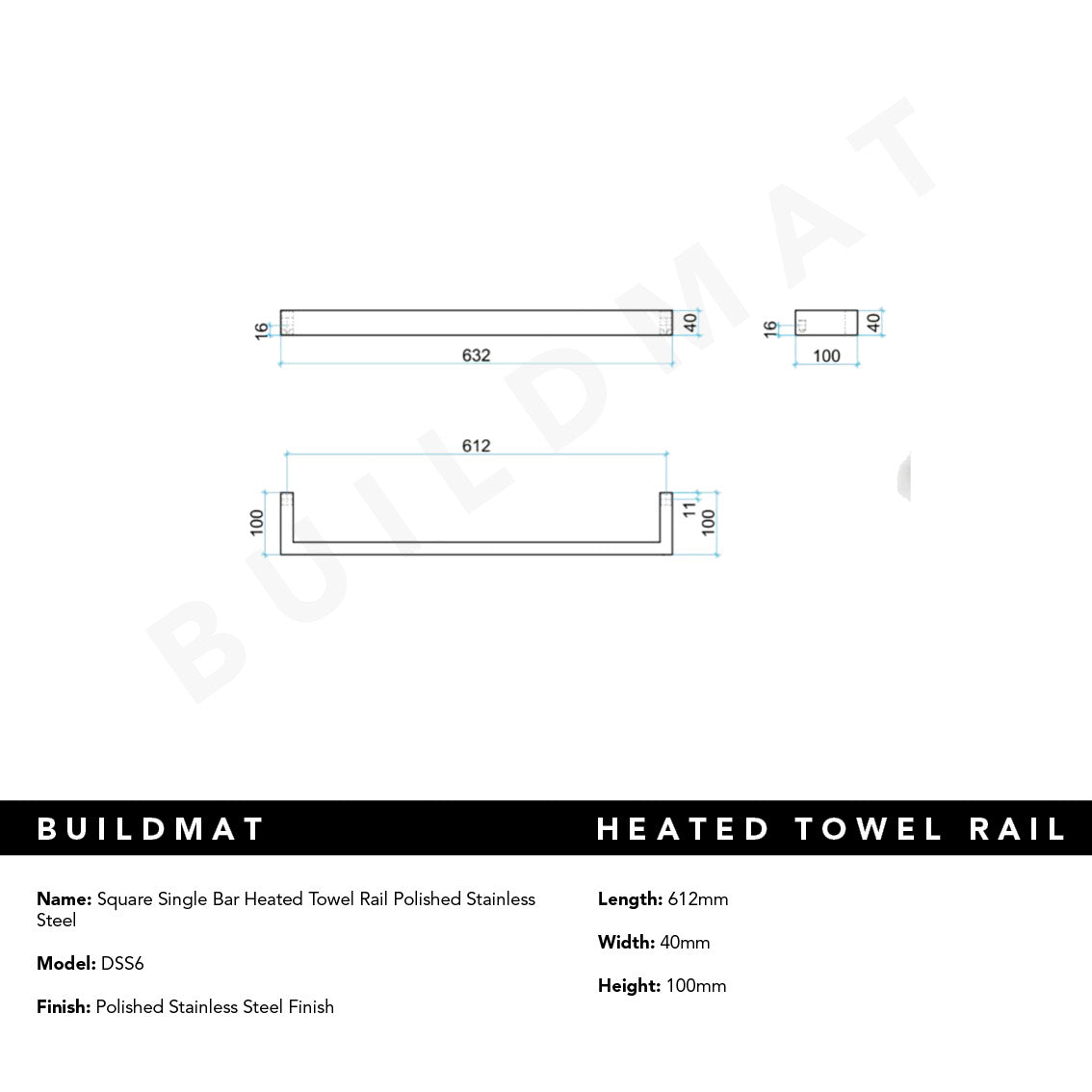 Square Single Bar Heated Towel Rail Polished Stainless Steel