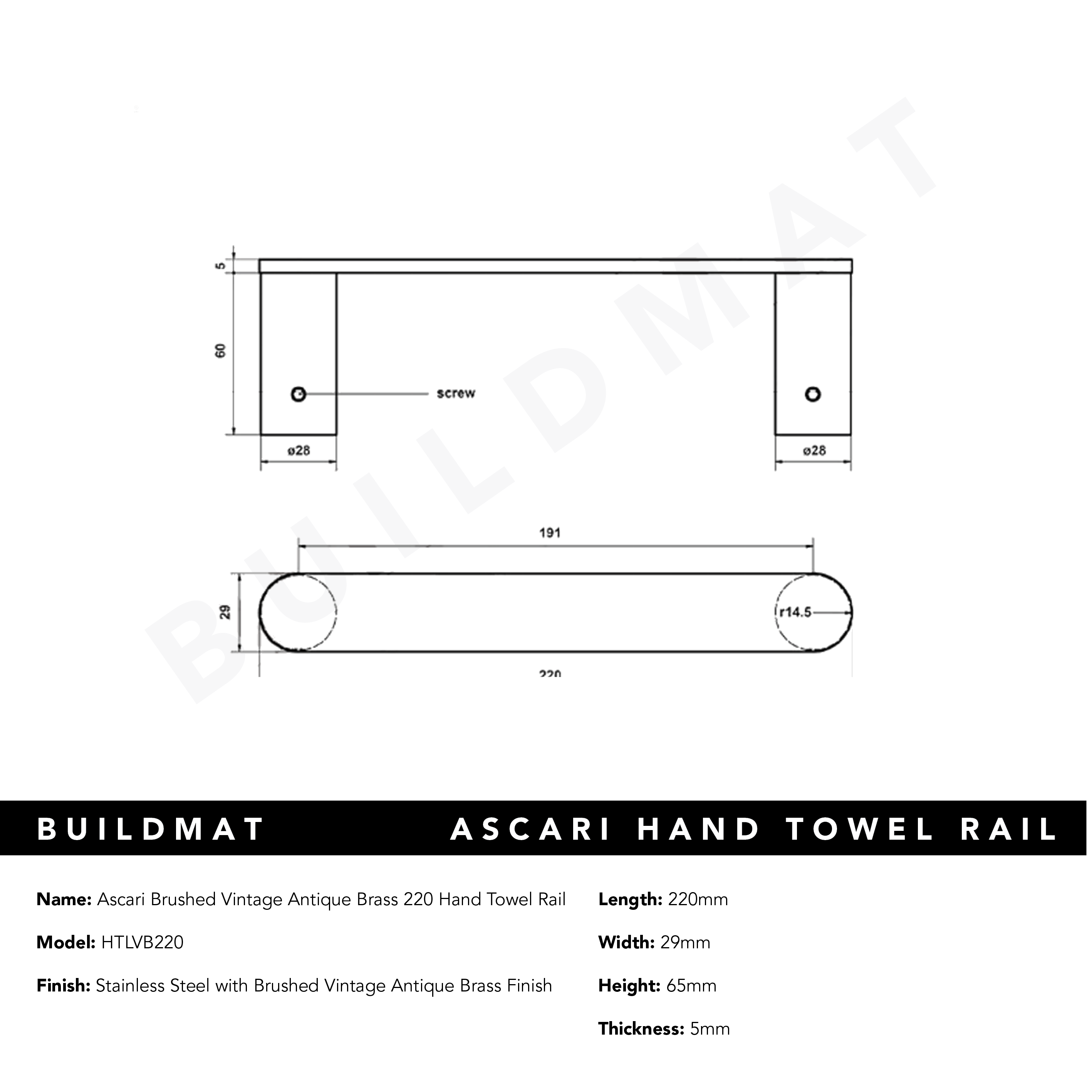 Ascari Brushed Vintage Antique Brass 220 Hand Towel Rail