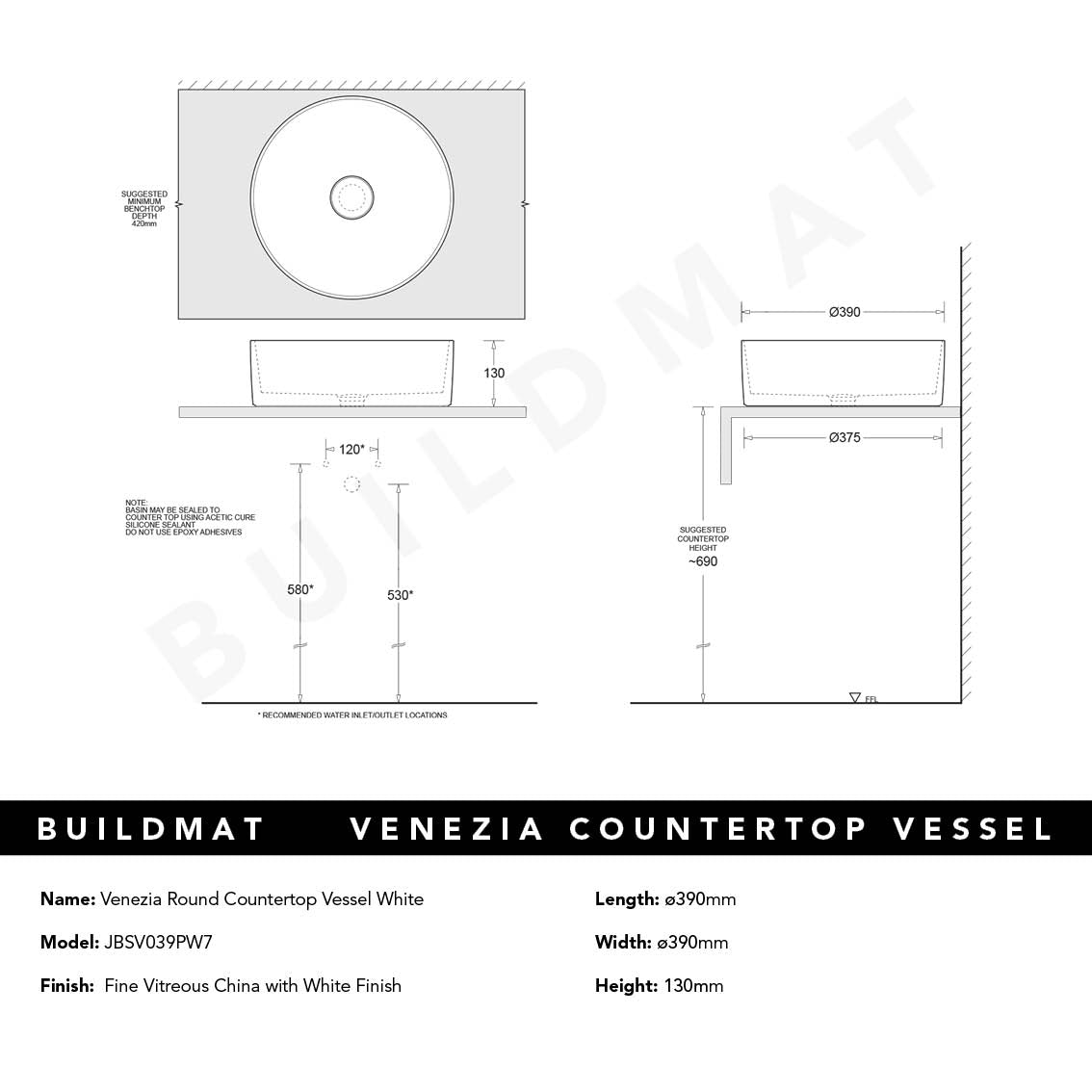 Venezia White Round Countertop Vessel