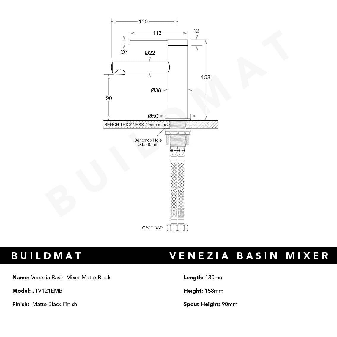 Venezia Extended Basin Mixer Matte Black