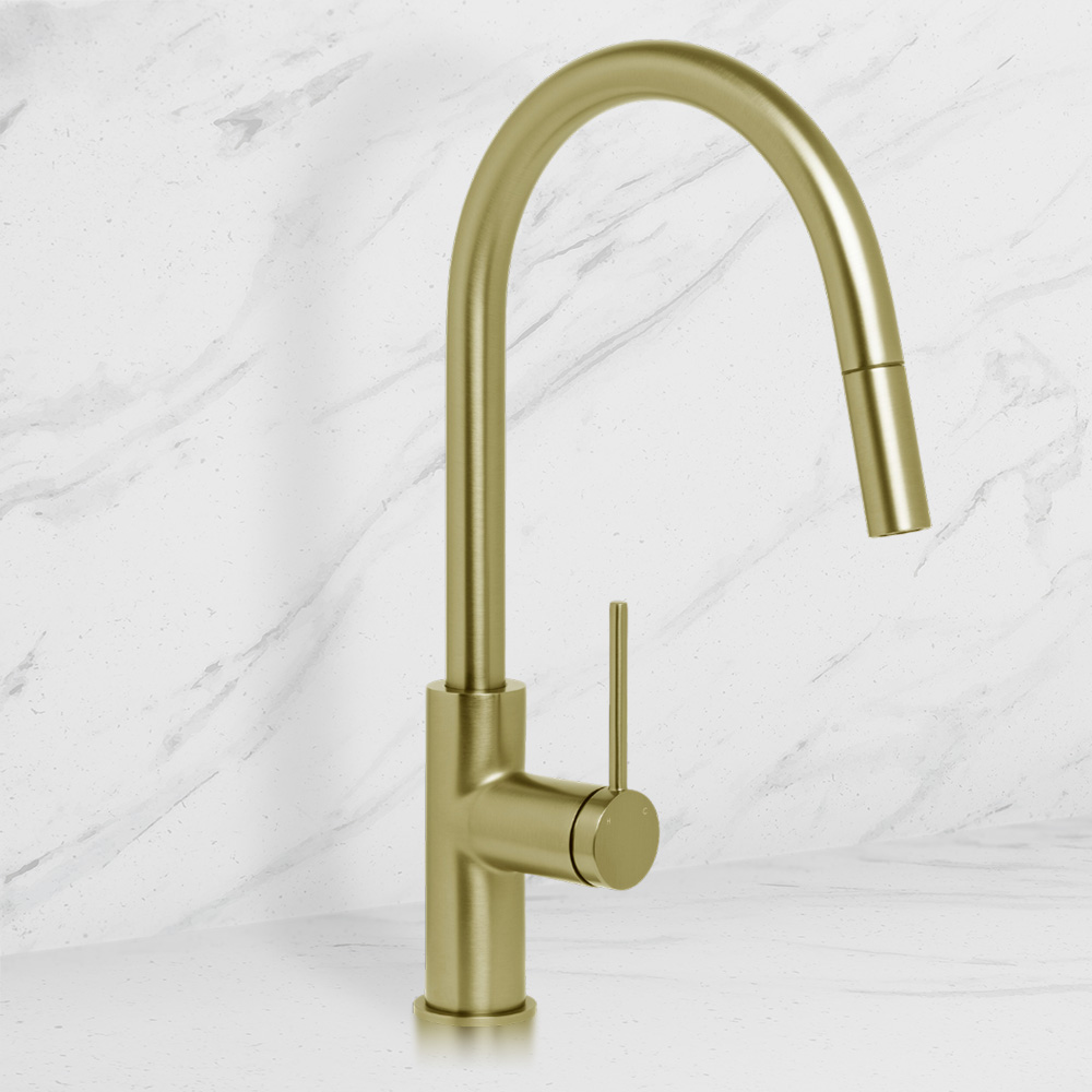 Venezia Gooseneck Pull Out Sink Mixer Brushed Brass Gold