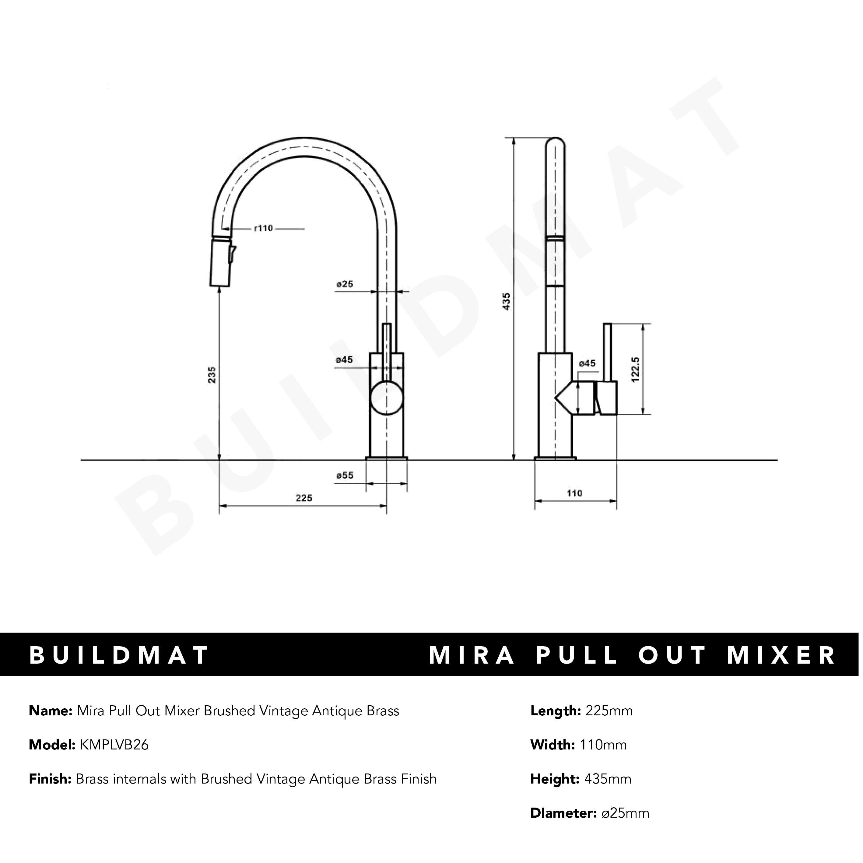 Mira Brushed Vintage Antique Brass Pull Out Mixer