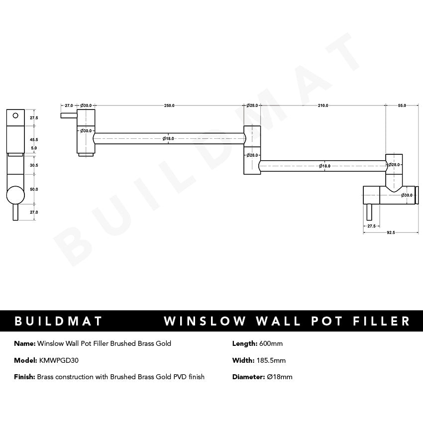 Winslow Wall Pot Filler Brushed Brass Gold