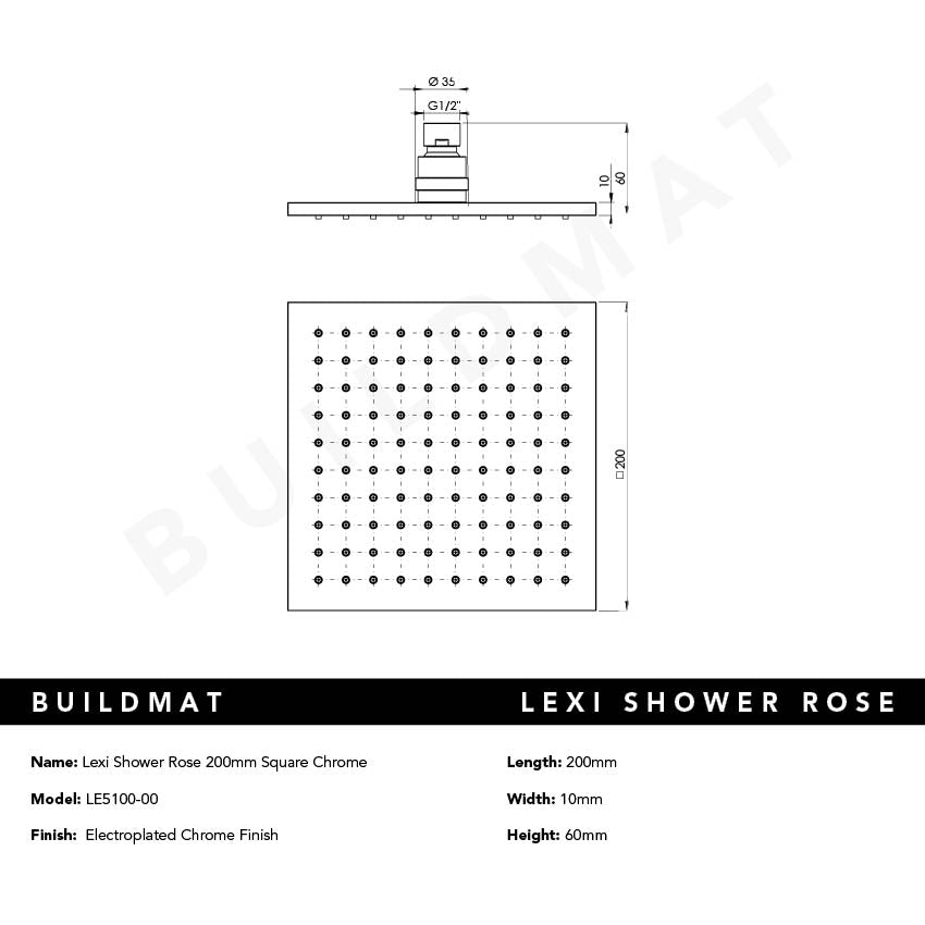 Lexi Shower Rose 200mm Square Chrome