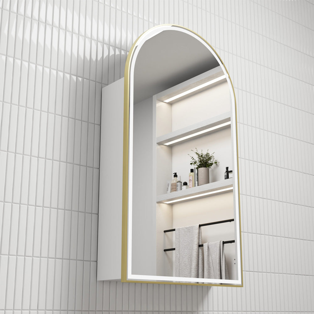 Canterbury Arch LED Matte White Shaving Cabinet With Brushed Gold Frame