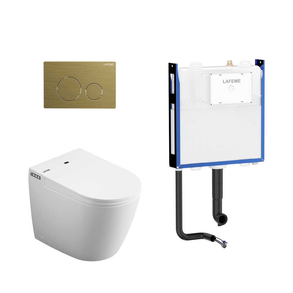 Lafeme Crawford Inwall Cistern Floor Pan Smart Toilet With Brushed Gold Flush Plate