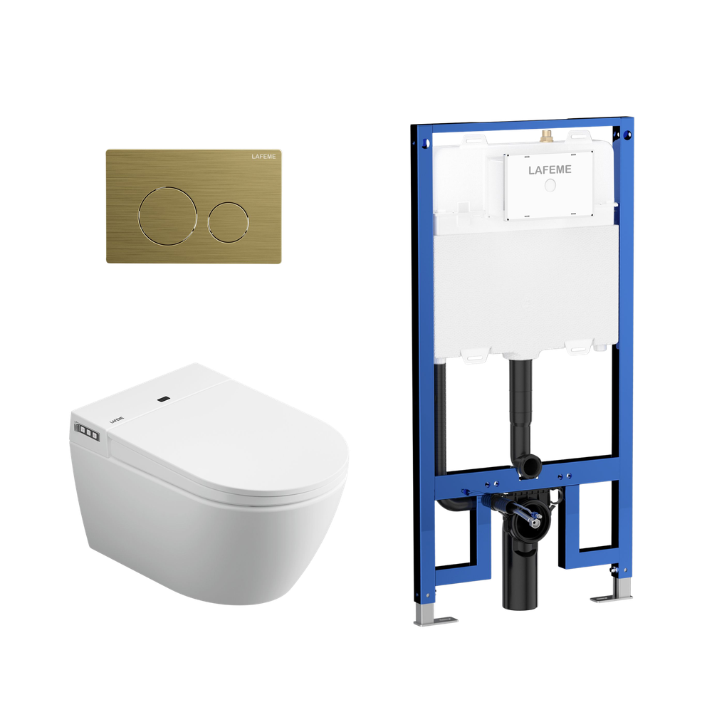 Lafeme Sesto Inwall Cistern Wall Hung Smart Toilet With Brushed Gold Flush Plate