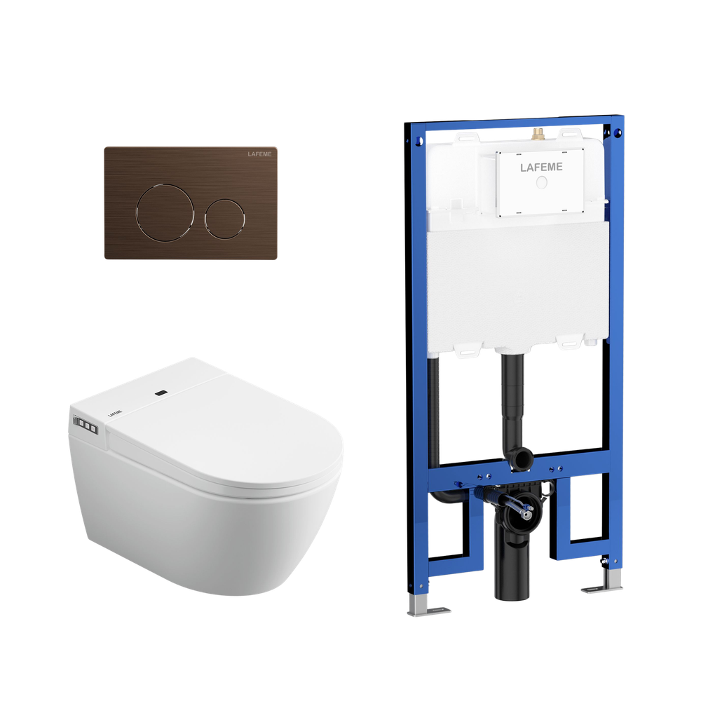 Lafeme Sesto Inwall Cistern Wall Hung Smart Toilet With Brushed Bronze Flush Plate