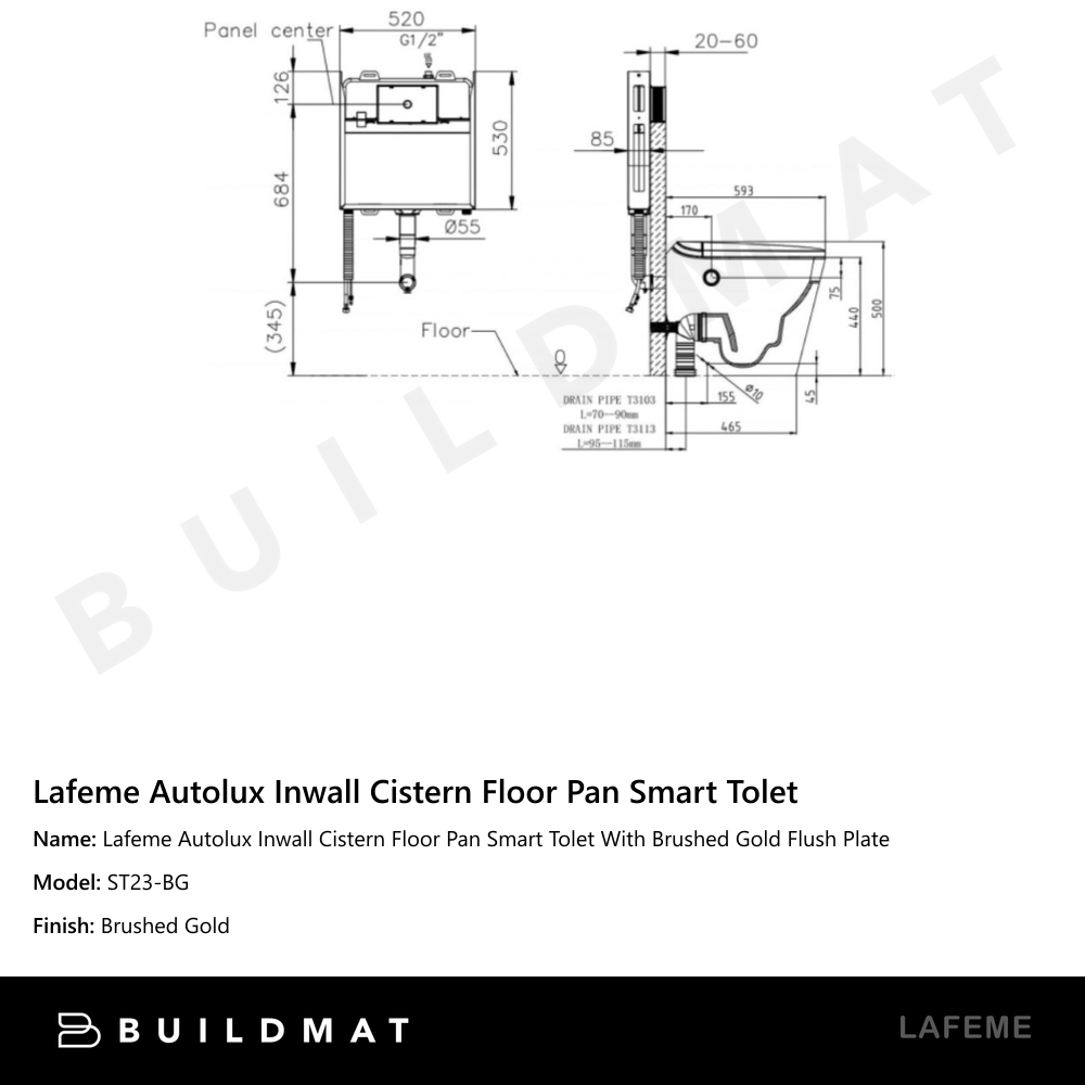 Lafeme Autolux Inwall Cistern Floor Pan Smart Toilet With Brushed Gold Flush Plate