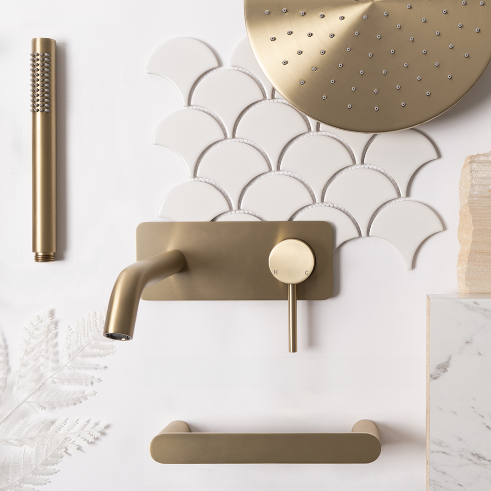 Mira Brushed Brass Gold Wall Mixer and Spout