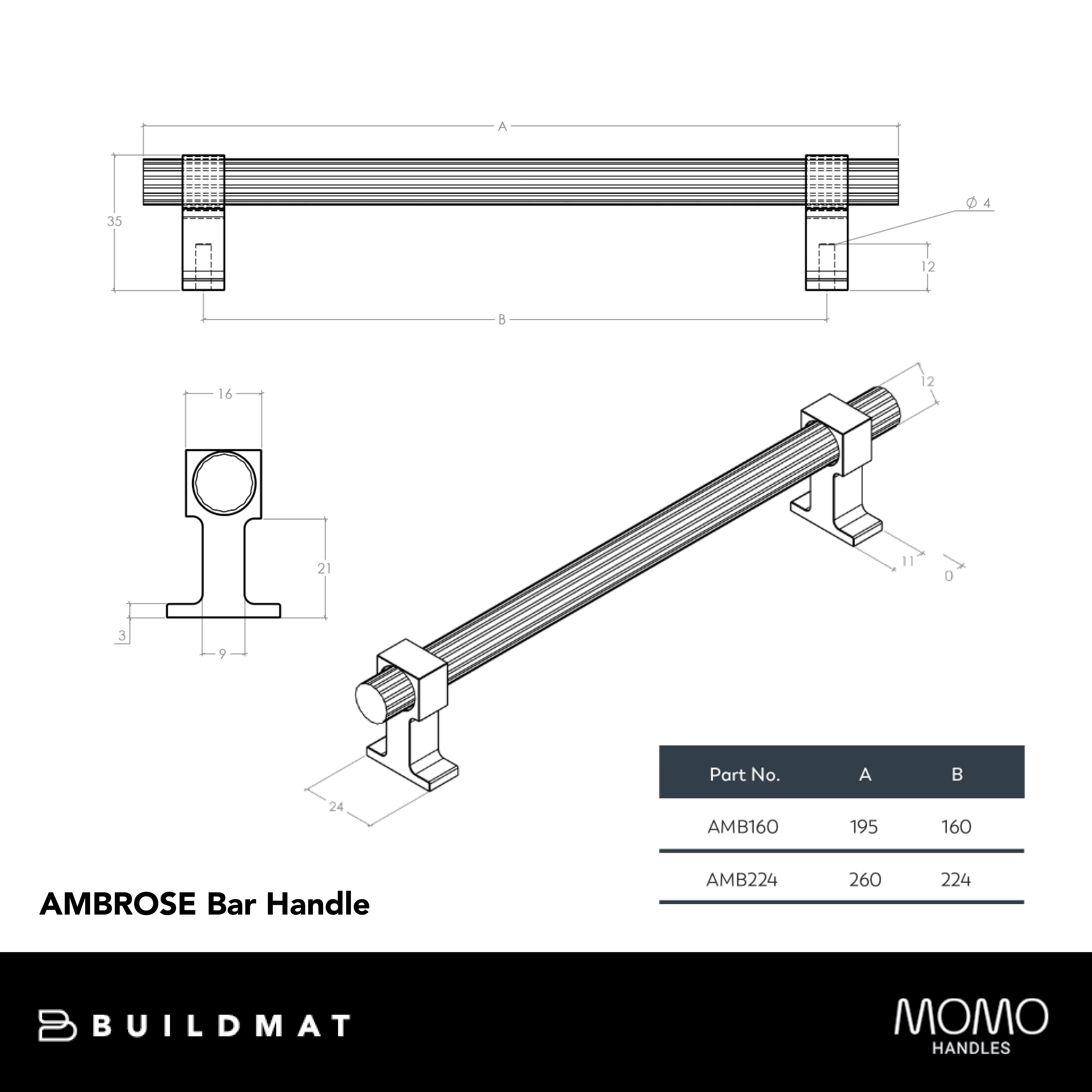 Momo Ambrose Bar Handle 160mm Antique Bronze Matte