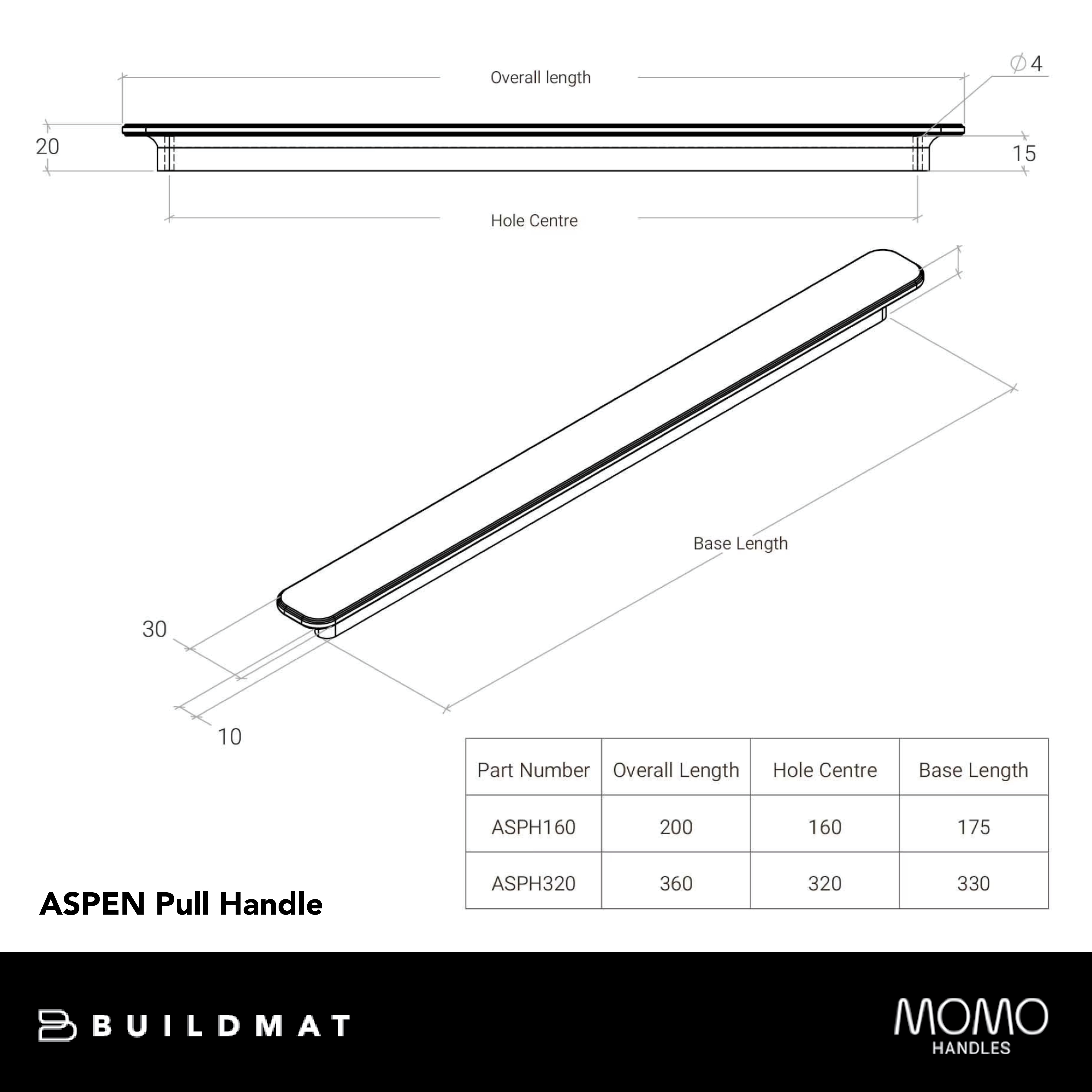 Momo Aspen Solid Brass Pull Handle 160mm Dull Brushed Nickel