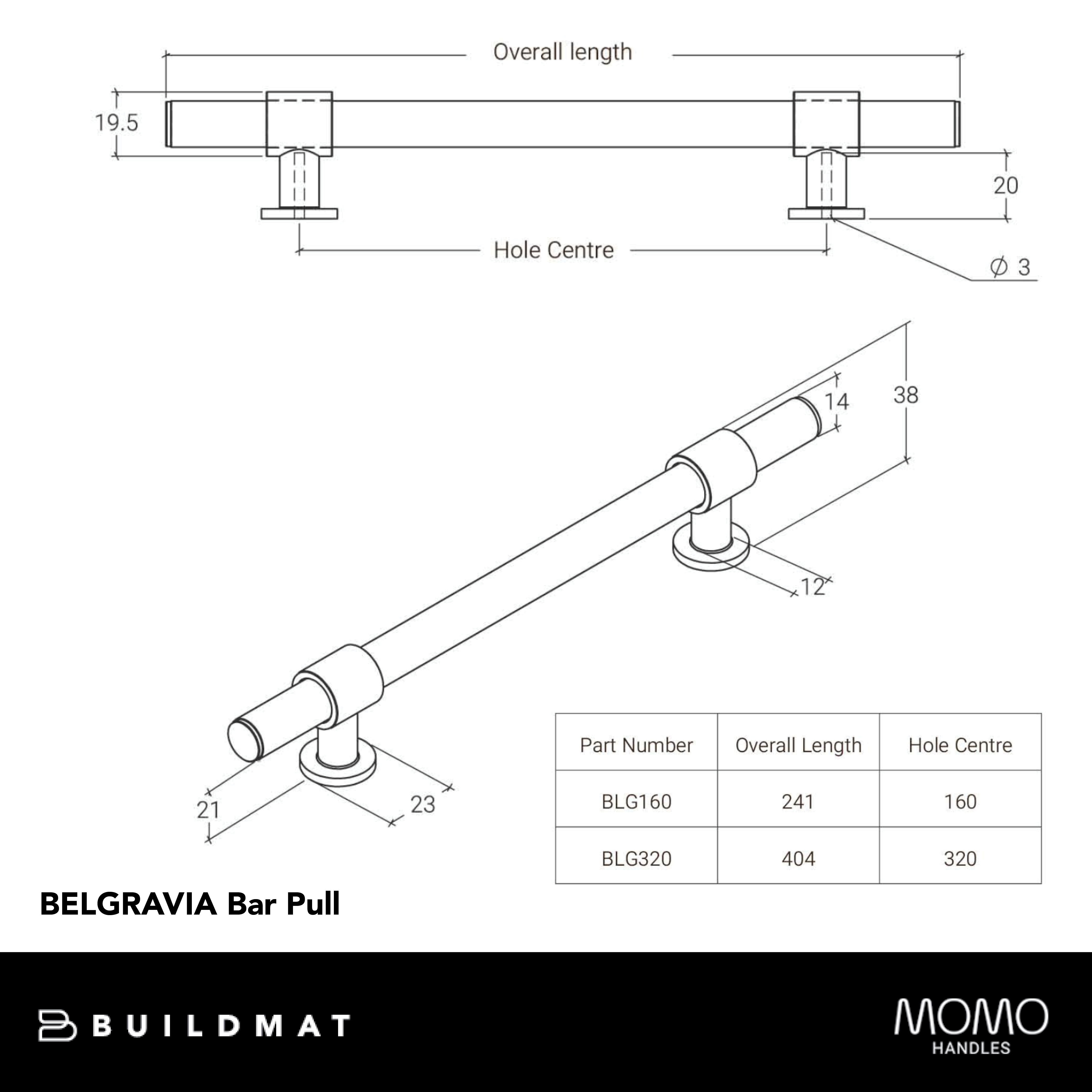 Momo Belgravia Solid Brass Bar Pull 160mm Bronze