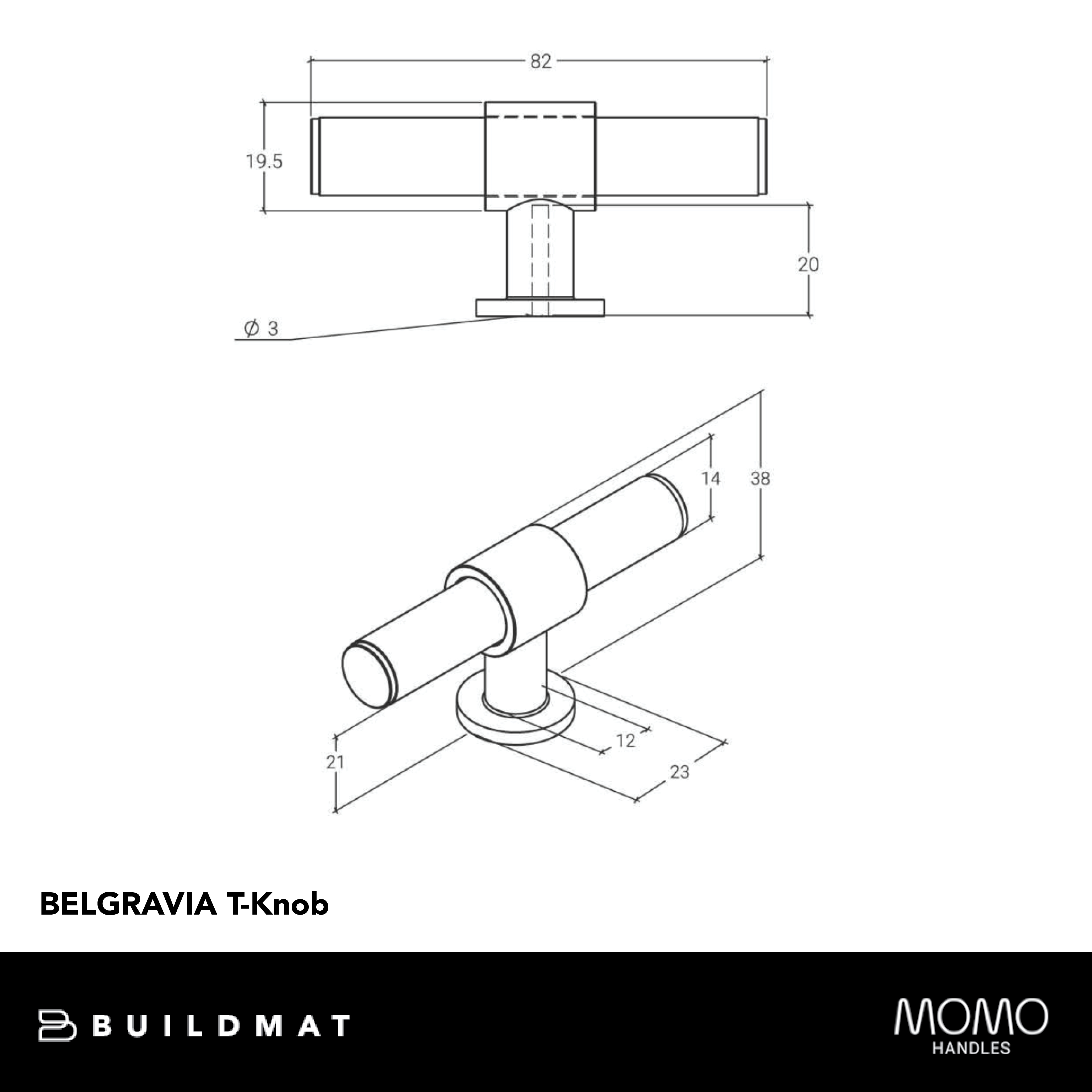 Momo Belgravia Solid Brass T Knob 82mm Polished Nickel