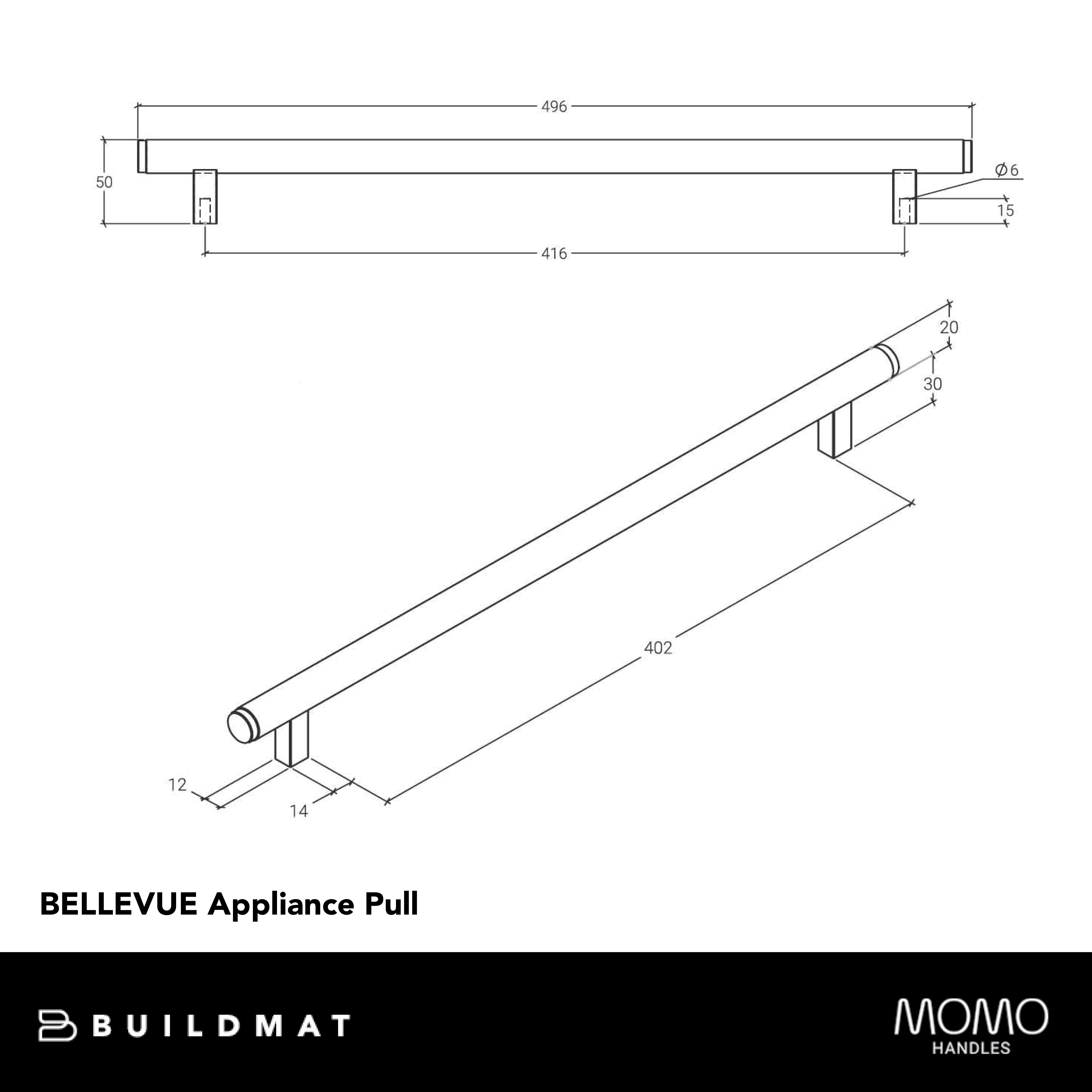 Momo Bellevue Solid Brass Knurled Appliance Pull 416mm Dull Brushed Nickel