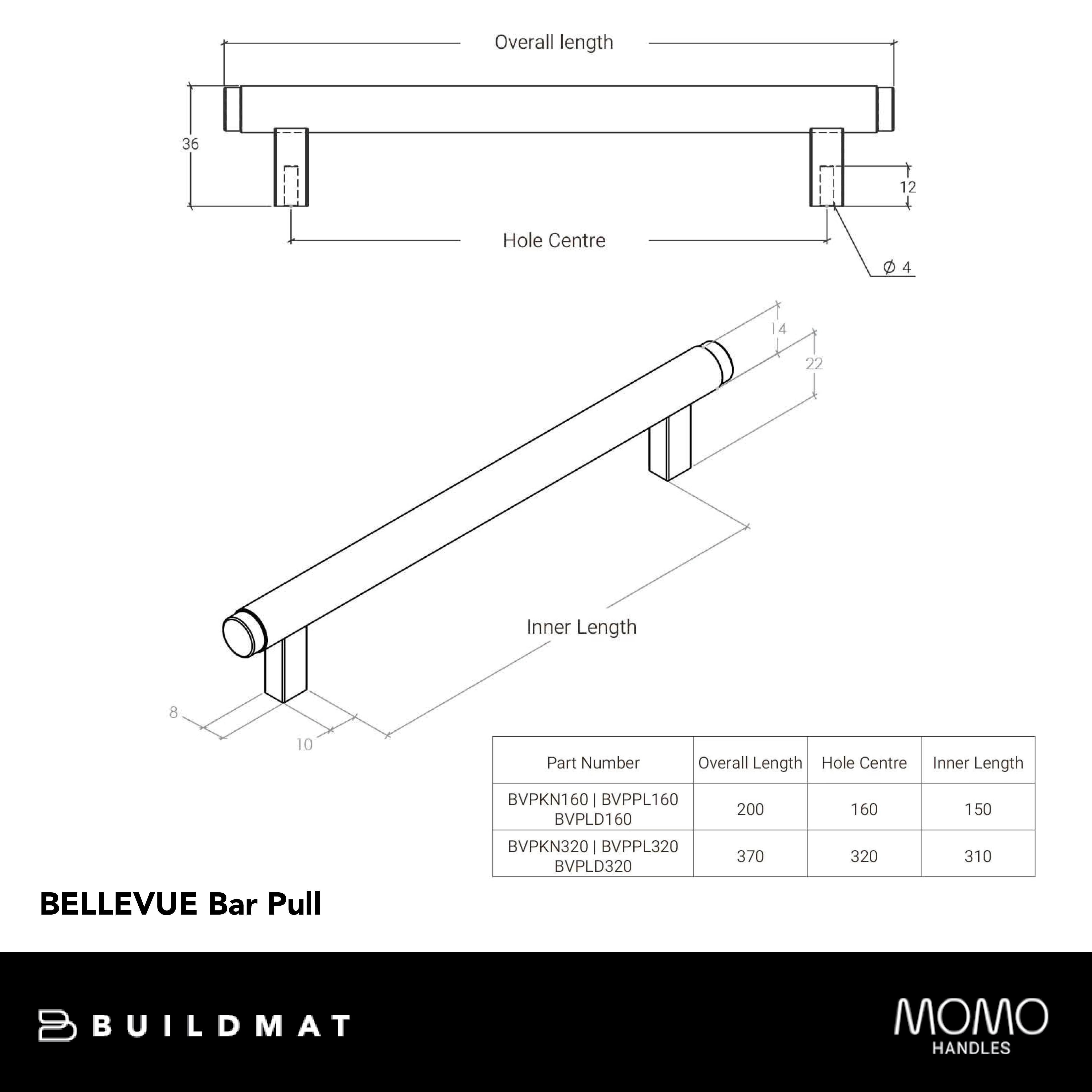 Momo Bellevue Solid Brass Knurled Bar Pull 160mm Dark Brushed Brass