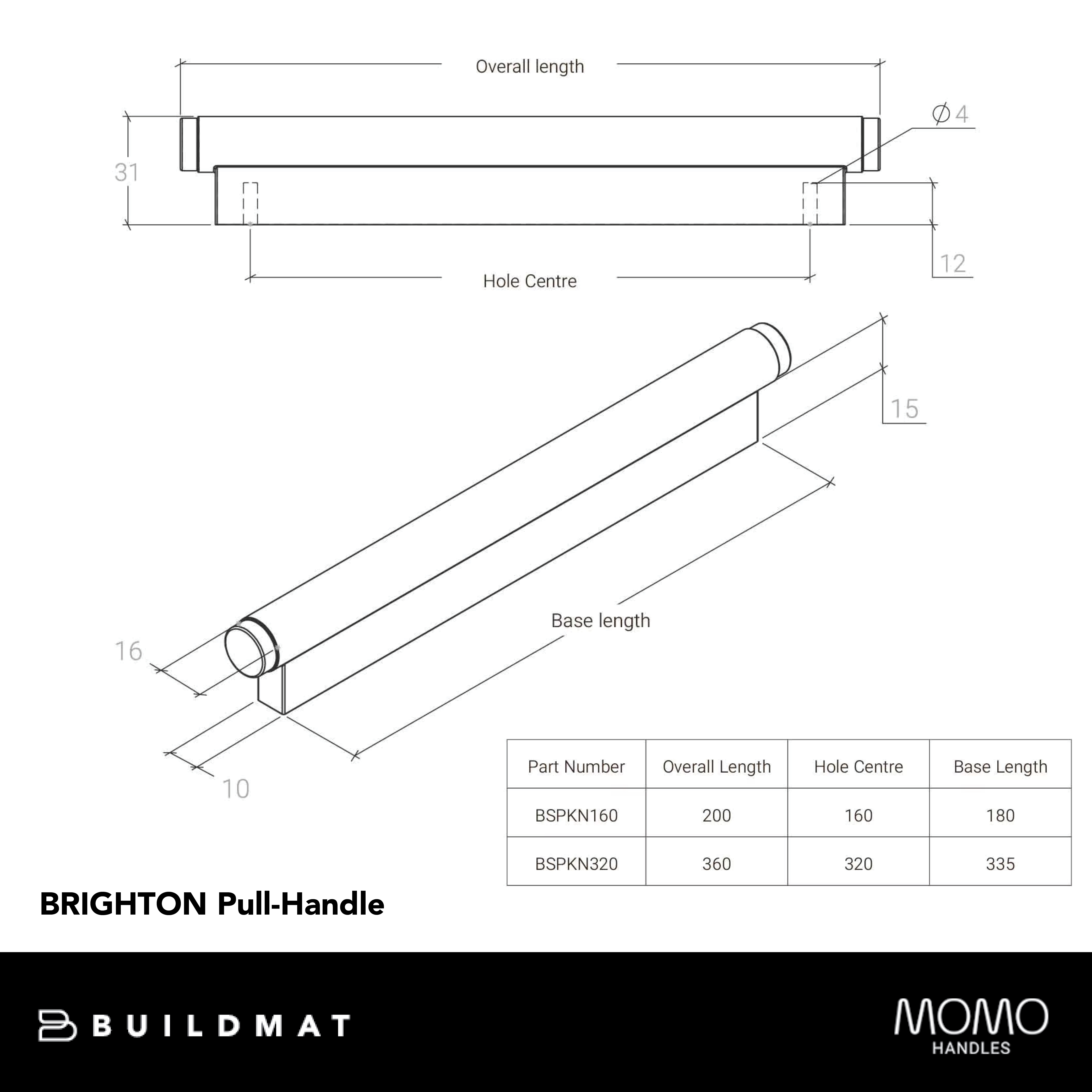 Momo Brighton Solid Brass Pull Handle 160mm Brushed Satin Brass