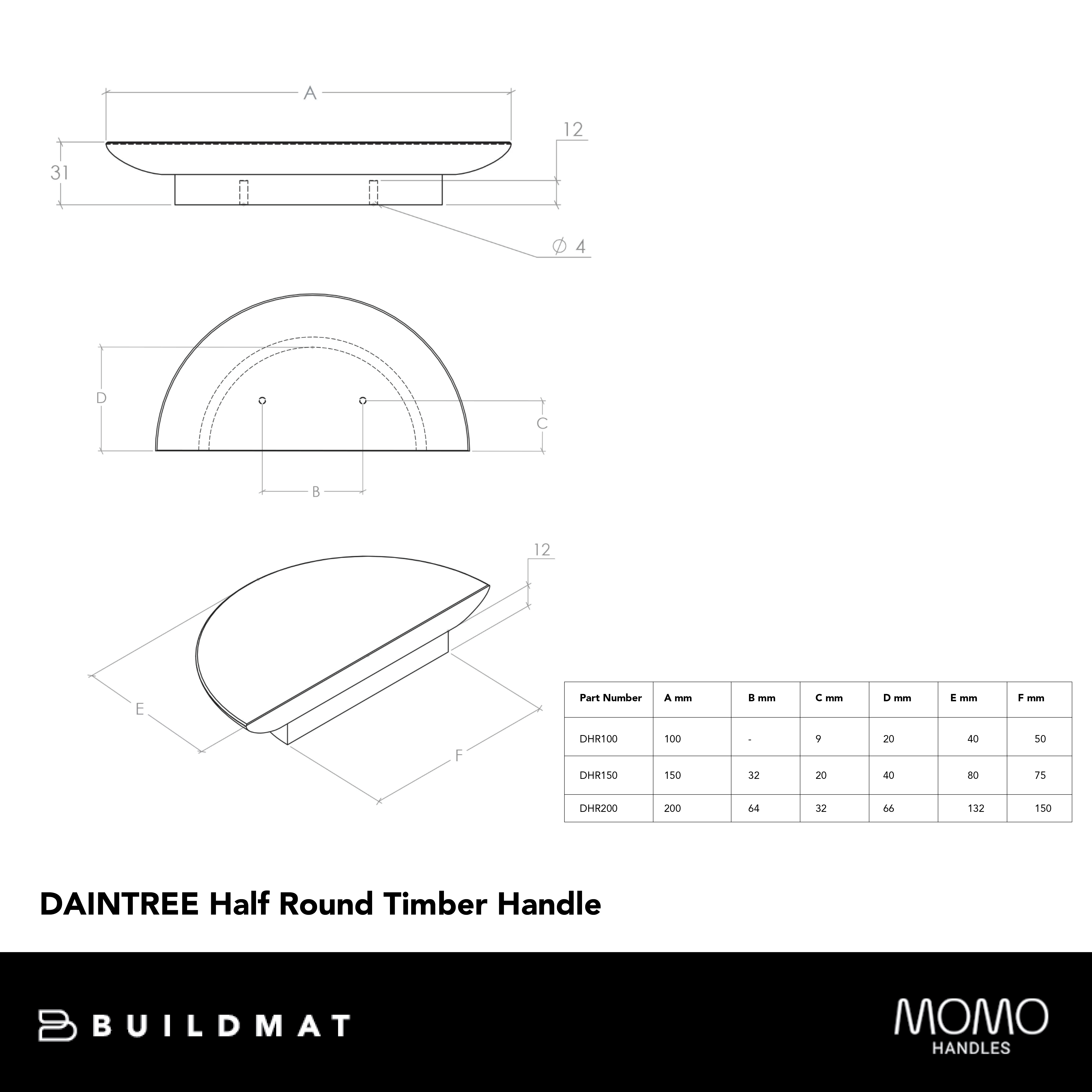 Momo Daintree Half Round Timber Handle 150mm Raw Walnut