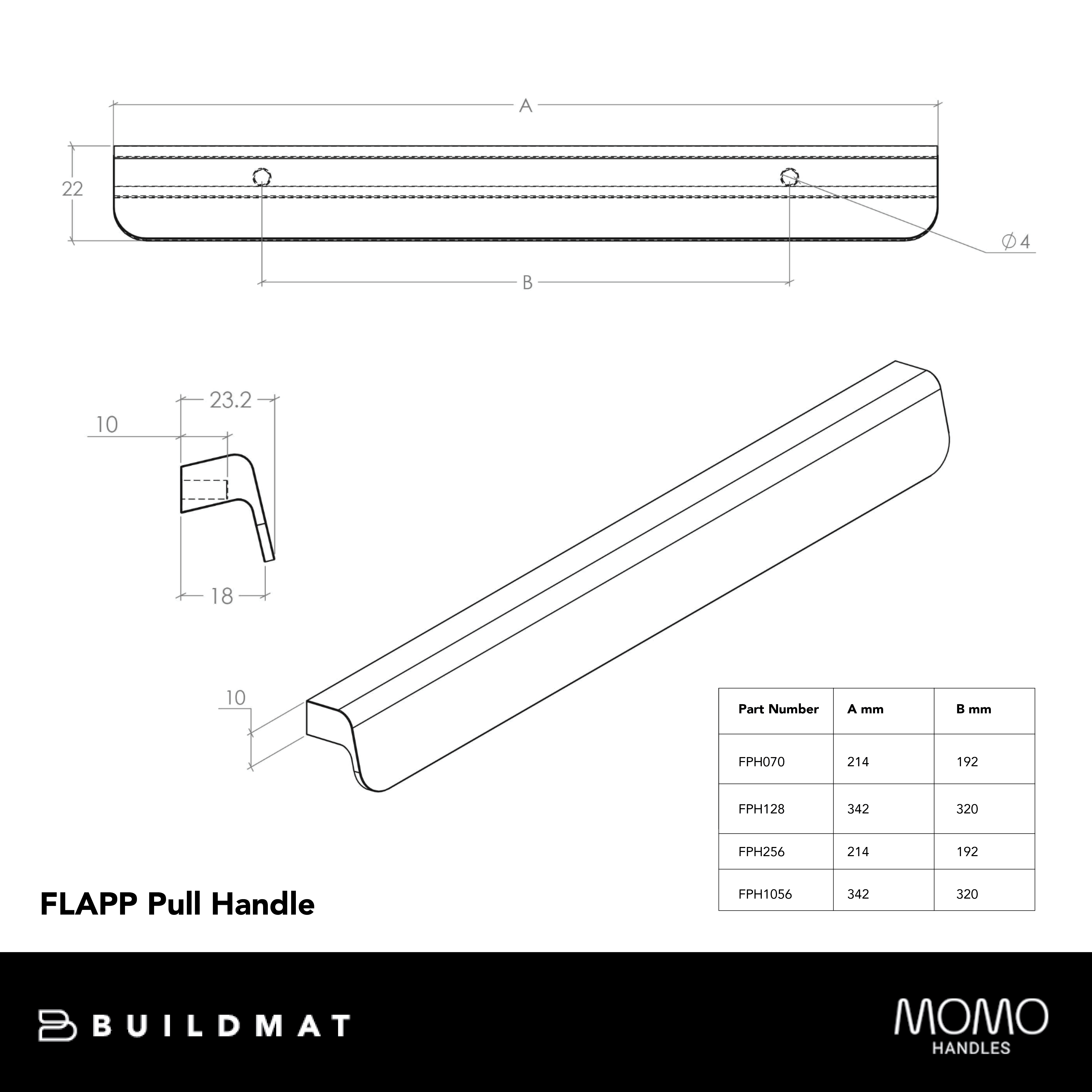 Momo Flapp Pull Handle  1056mm Brushed Black