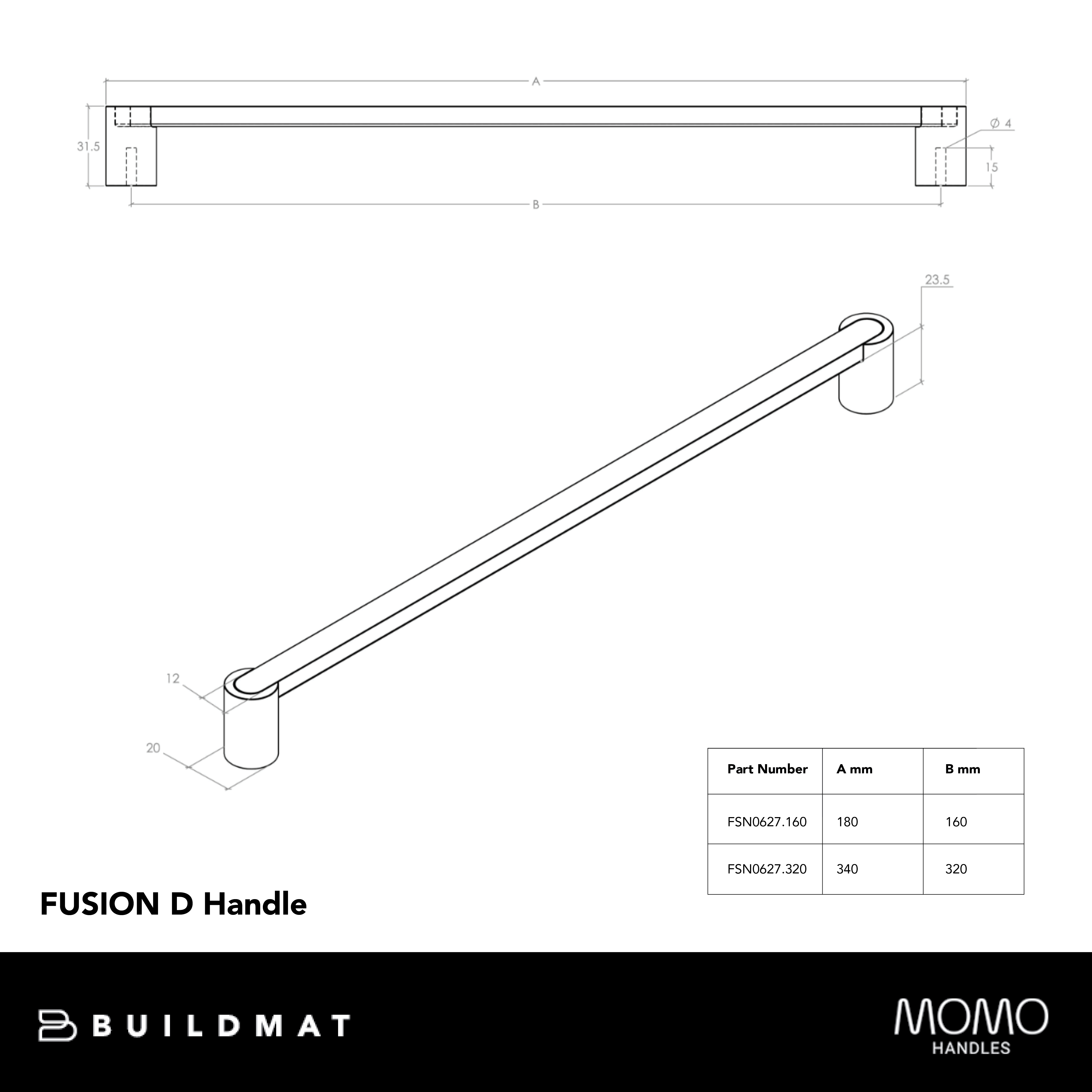 Momo Fusion D Handle 160mm Black Titanium