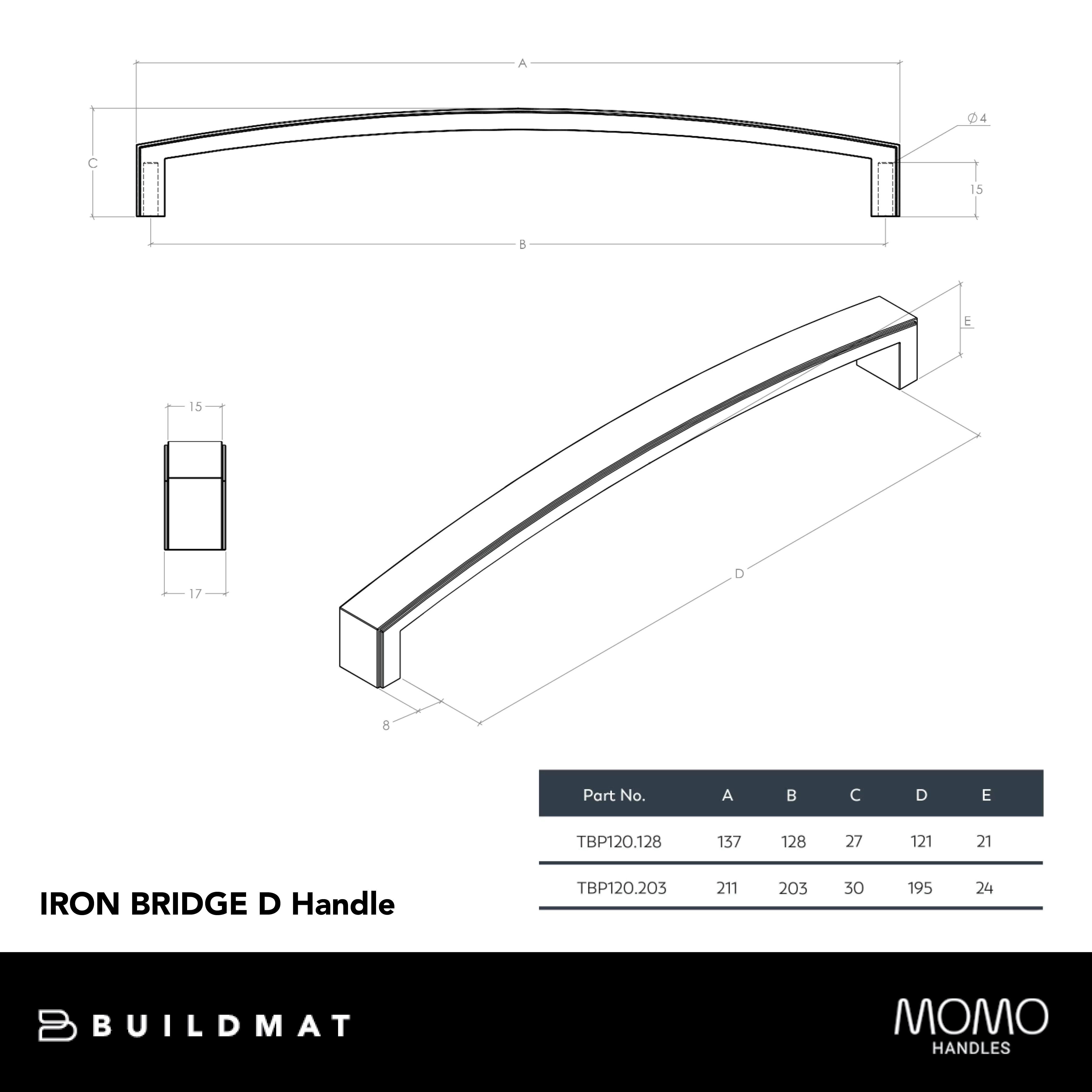 Momo Iron Bridge D Handle 128mm Natural Iron