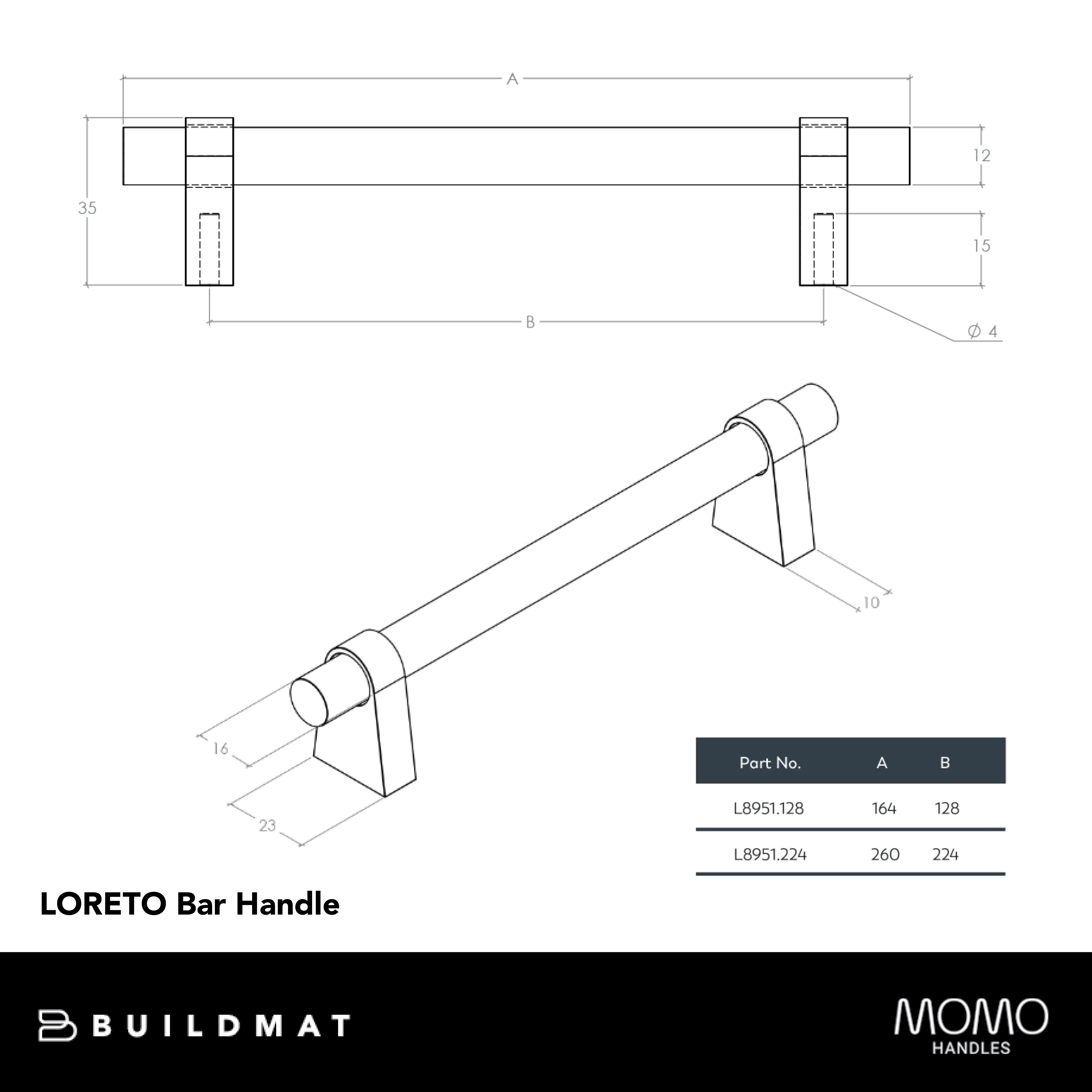 Momo Loreto Bar Pull 128mm Brushed Matte Brass