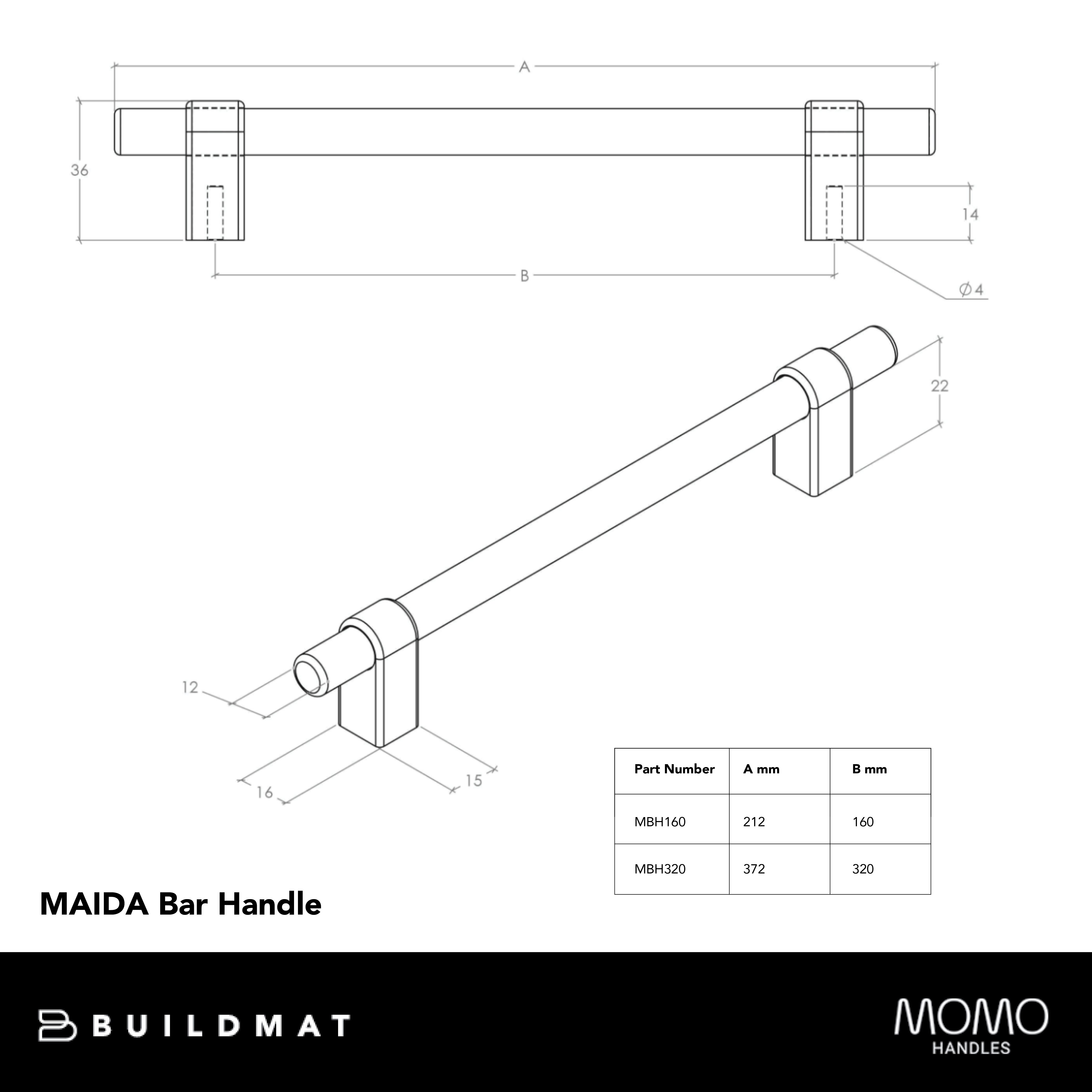 Momo Maida Bar Handle 160mm Matte Black