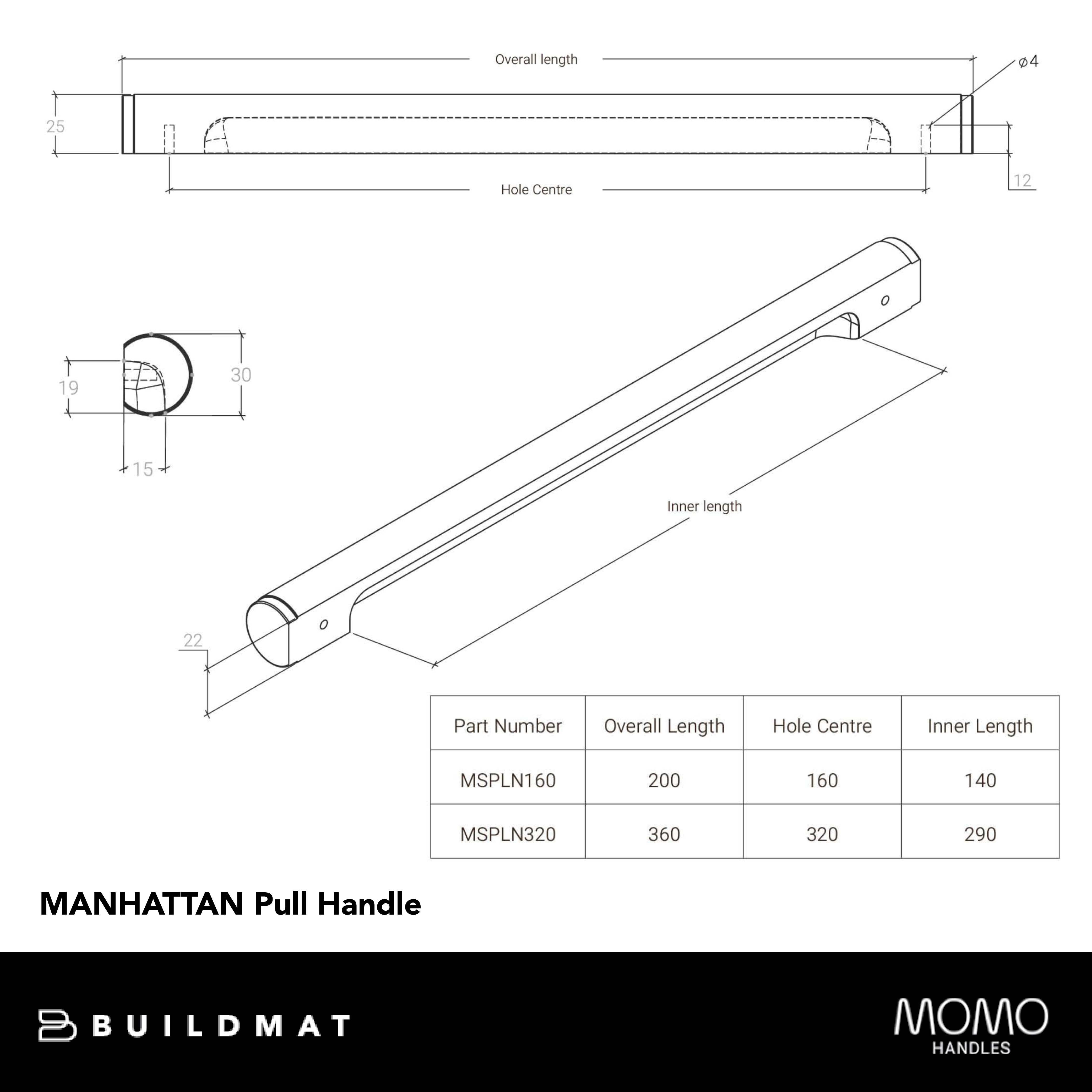 Momo Manhattan Solid Brass Pull Handle 160mm Dark Brushed Brass