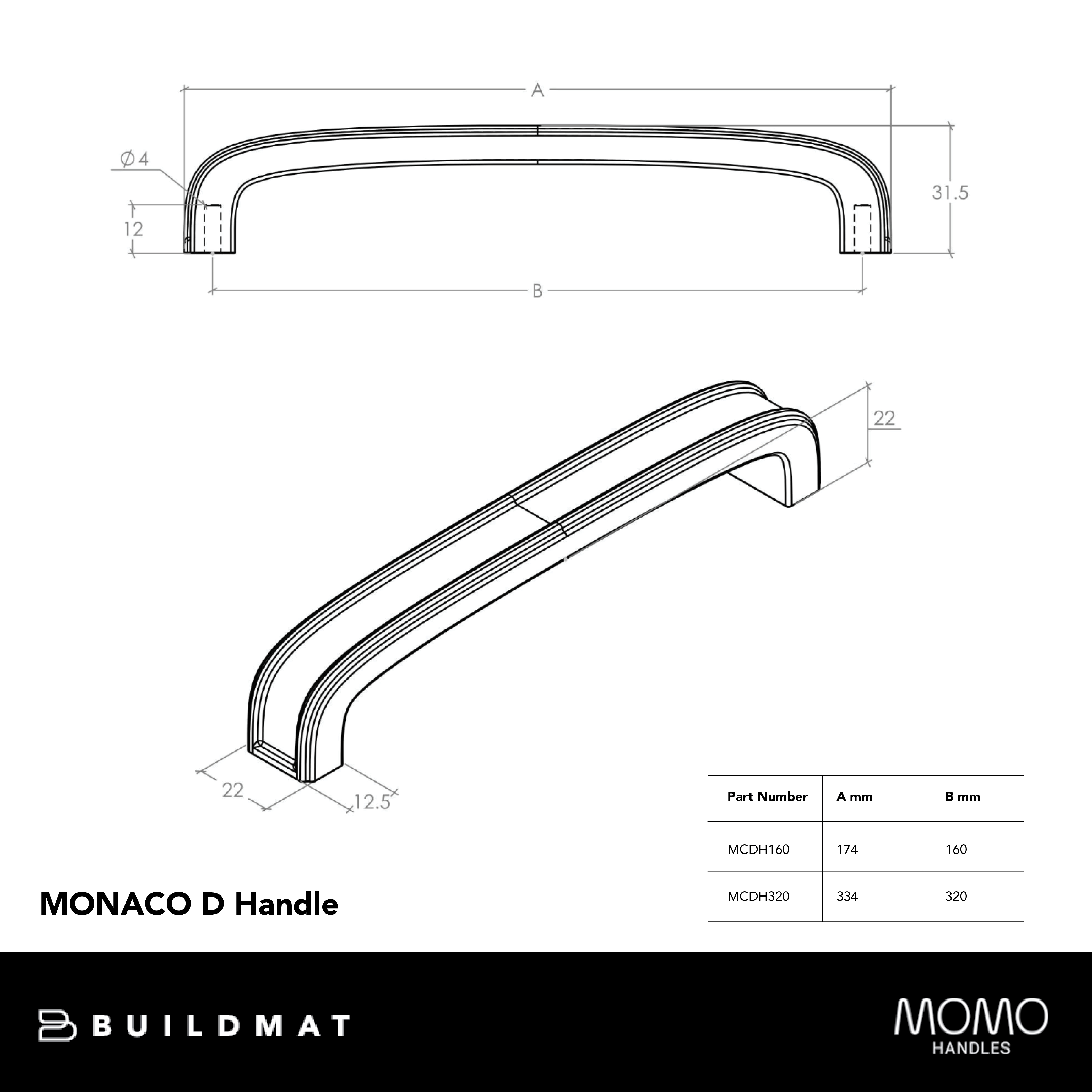 Momo Monaco 160mm D Handle Brushed Satin Brass