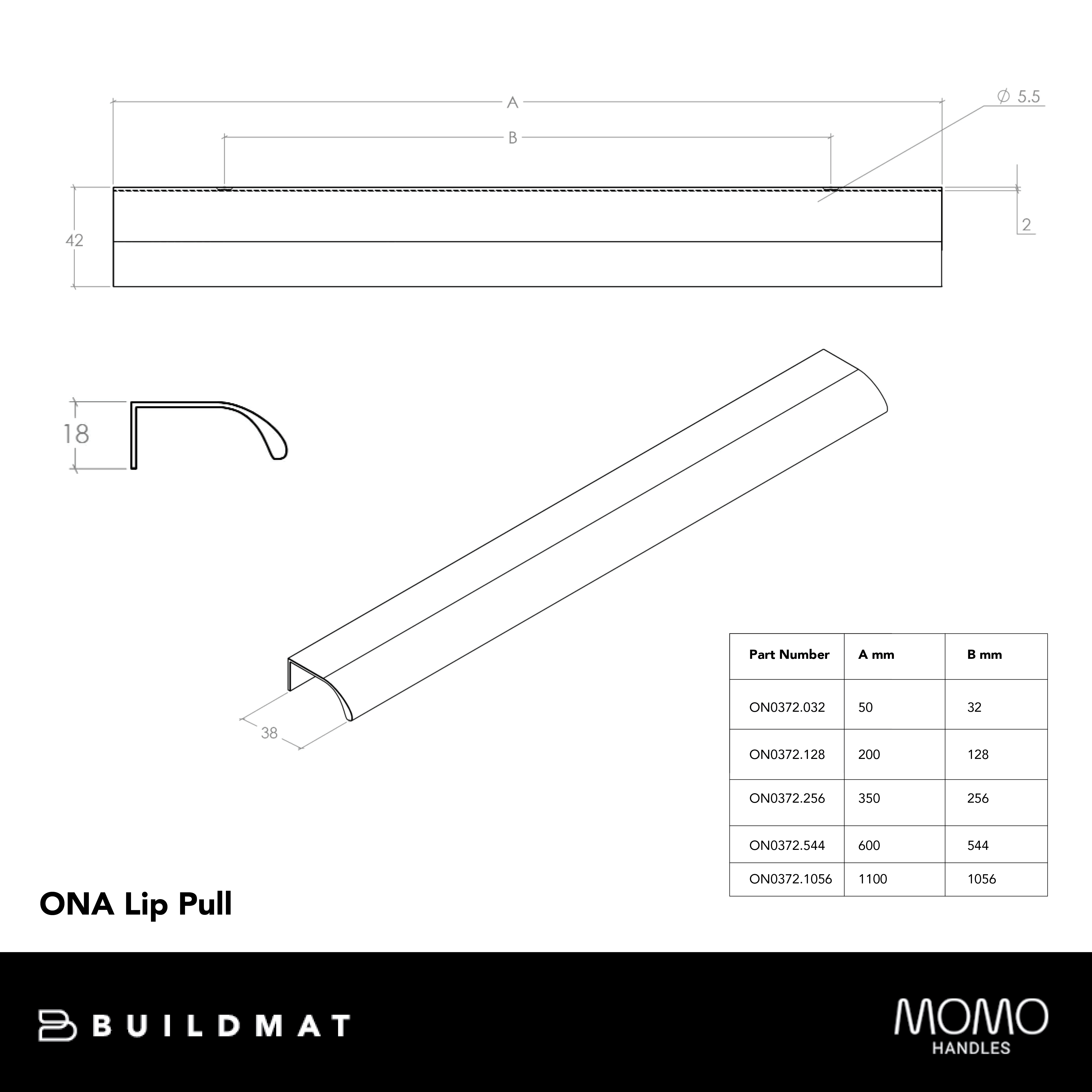 Momo Ona Lip Pull Handle 1056mm Metallic Grey