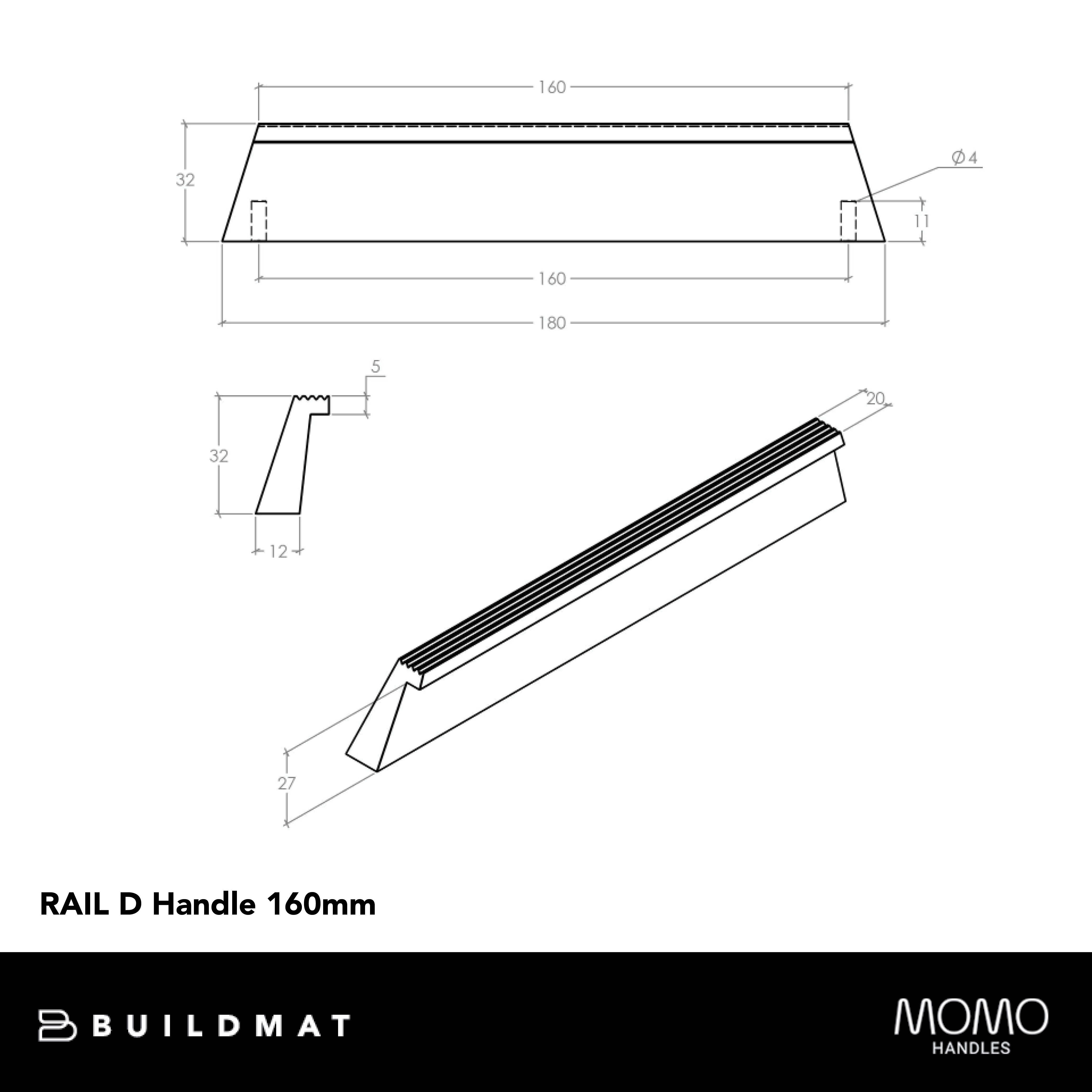 Momo Rail D Handle 160mm Stainless Steel Look