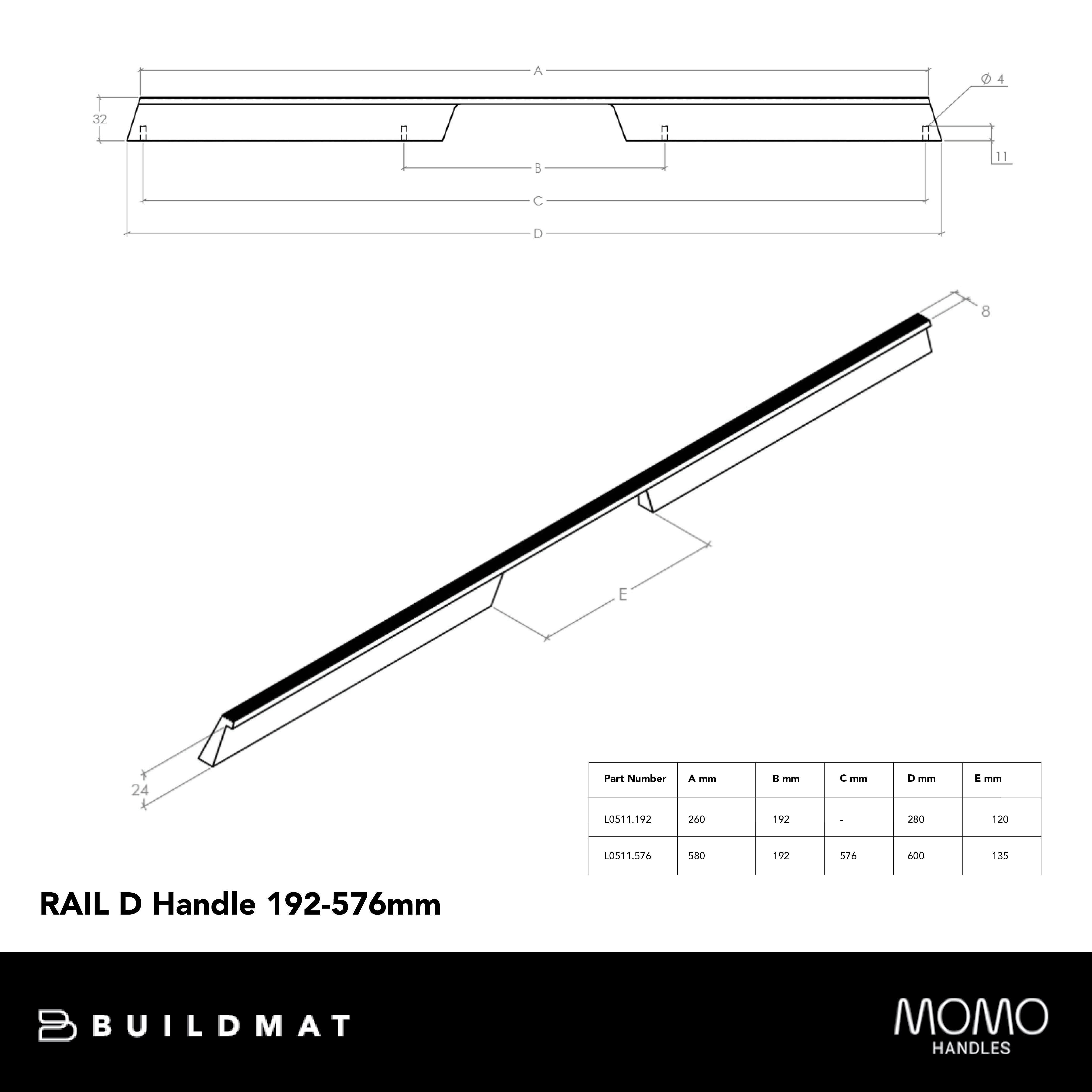 Momo Rail D Handle 192mm Stainless Steel Look