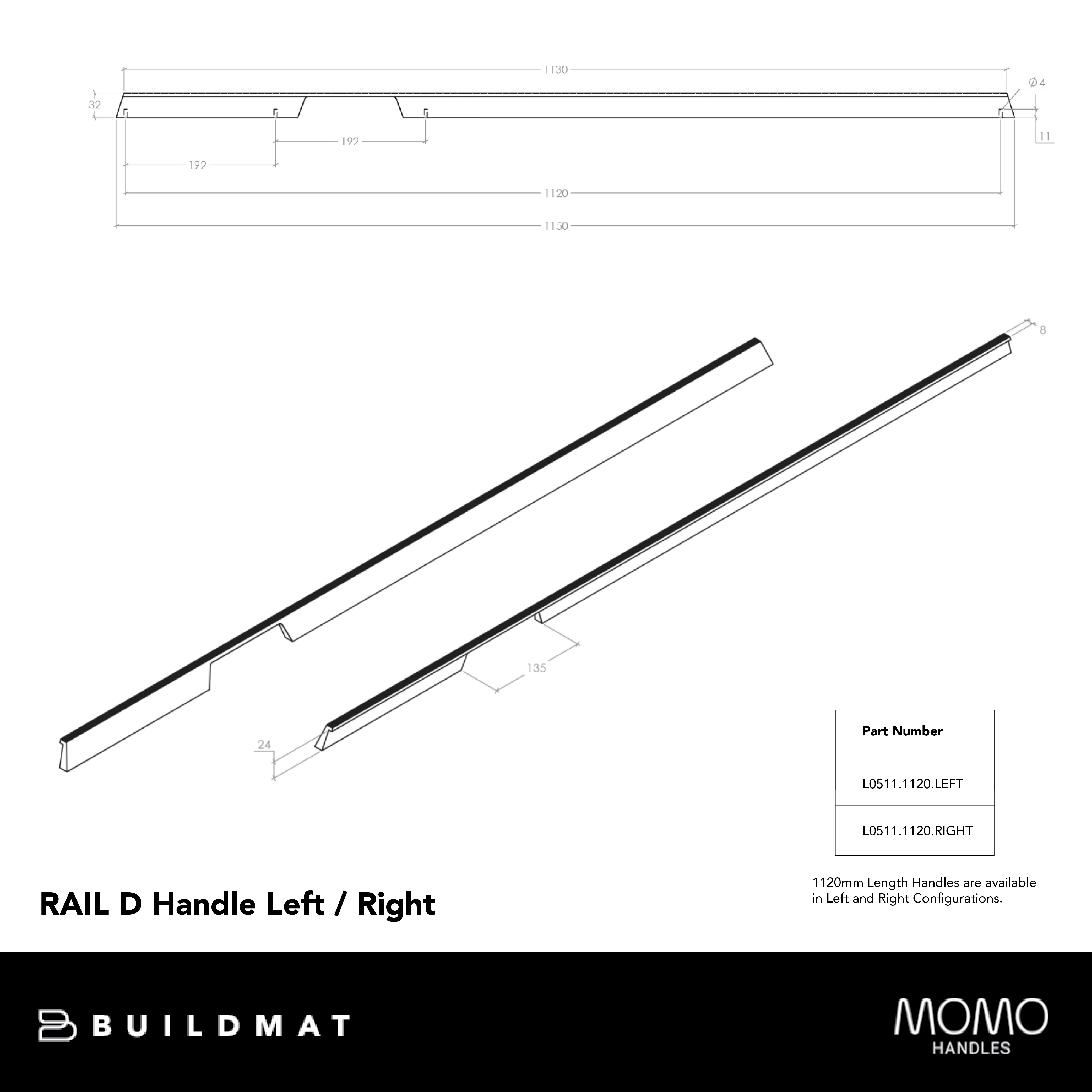 Momo Rail D Handle Right Hand 1120mm Brushed Dark Brass