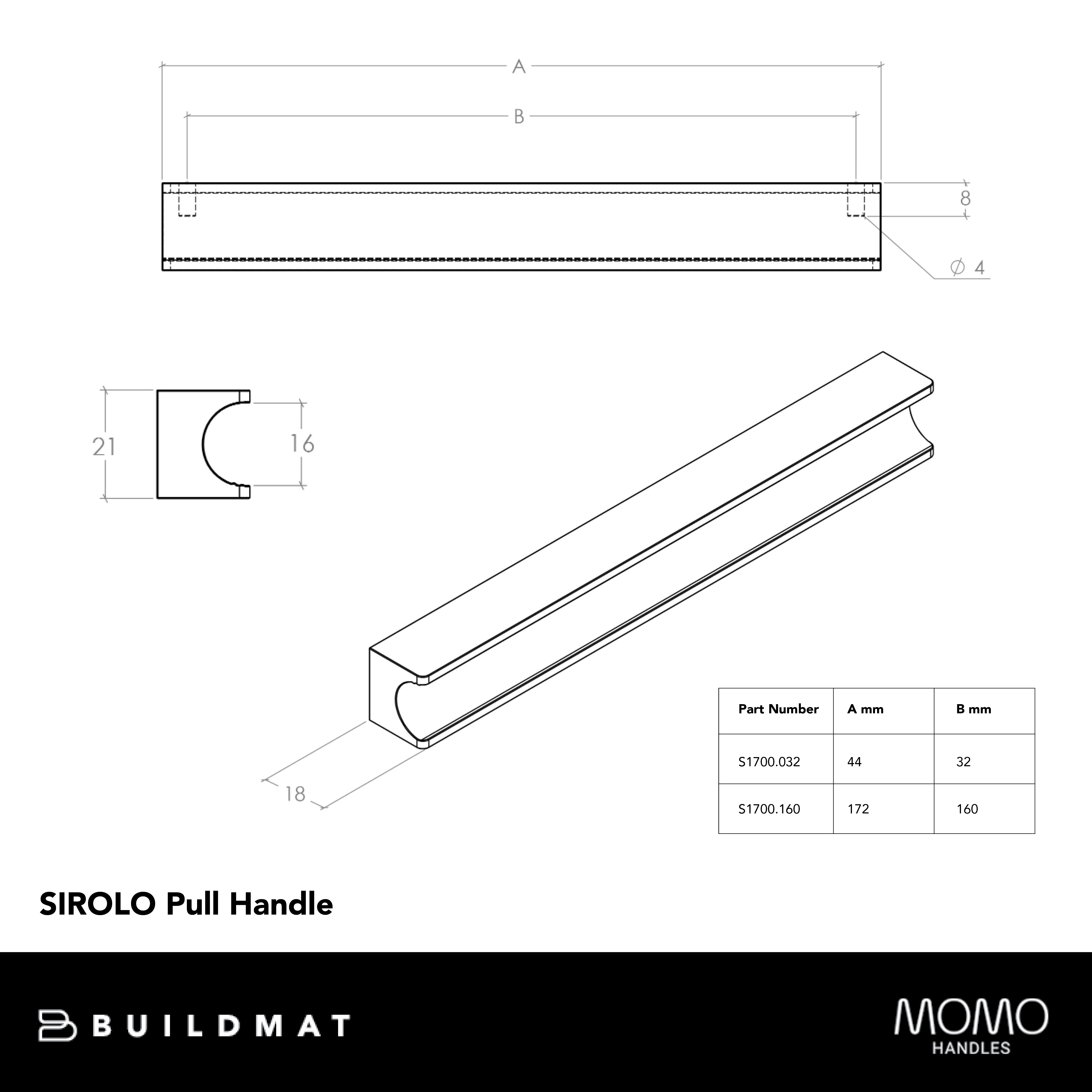 Momo Sirolo Pull Handle 160mm Brushed Matte Brass