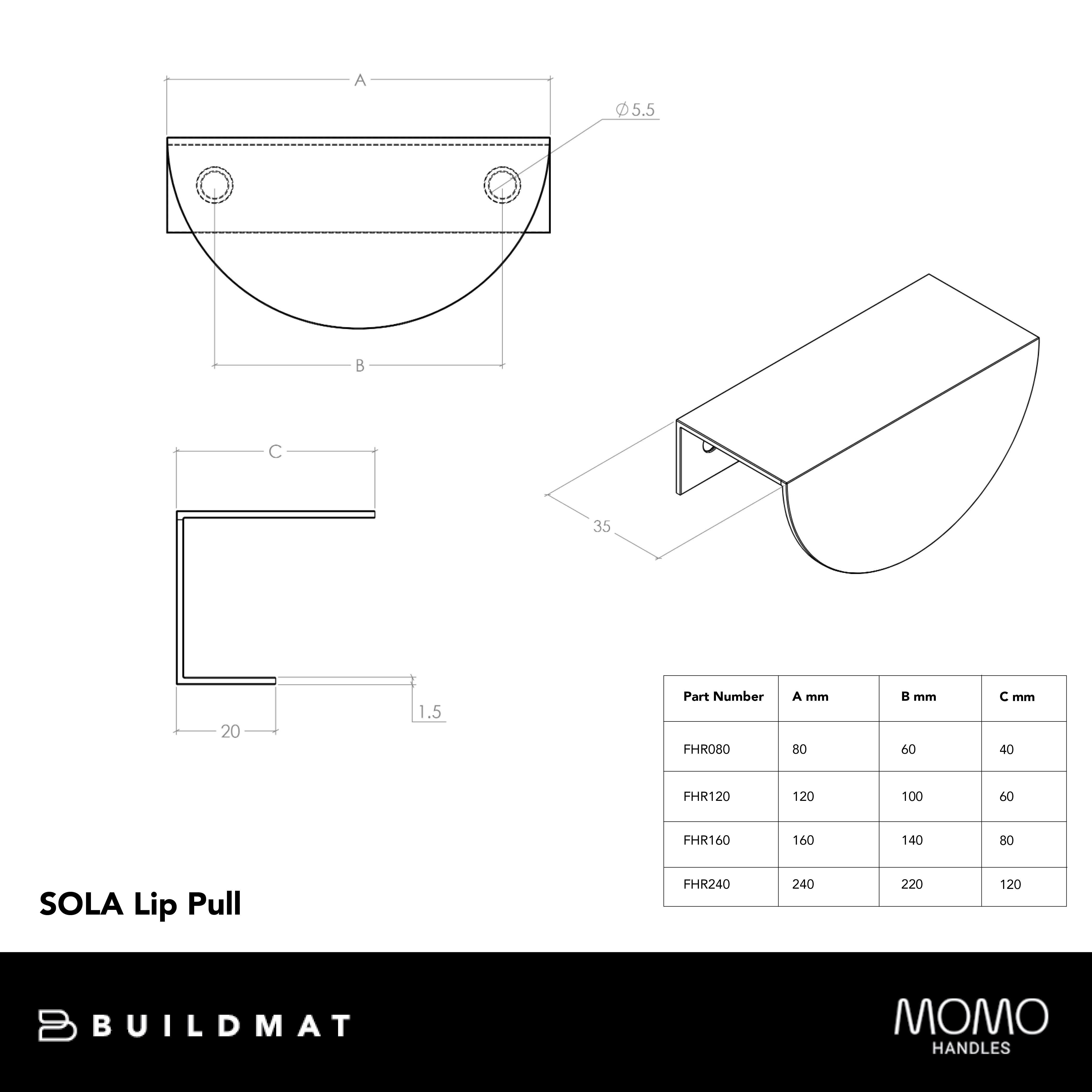 Momo Sola Half Round Lip Pull Handle 120mm Brushed Brass