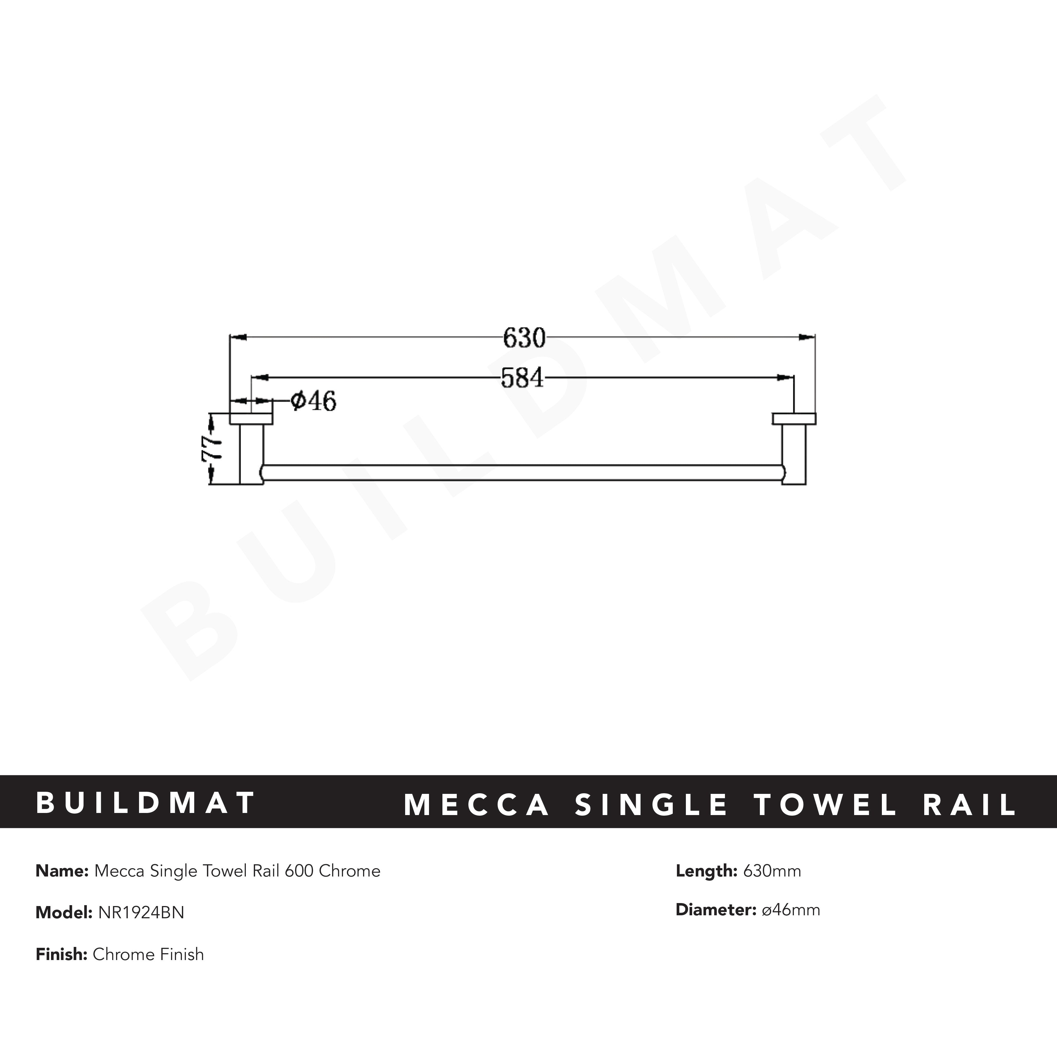 Mecca Single Towel Rail 600mm Chrome