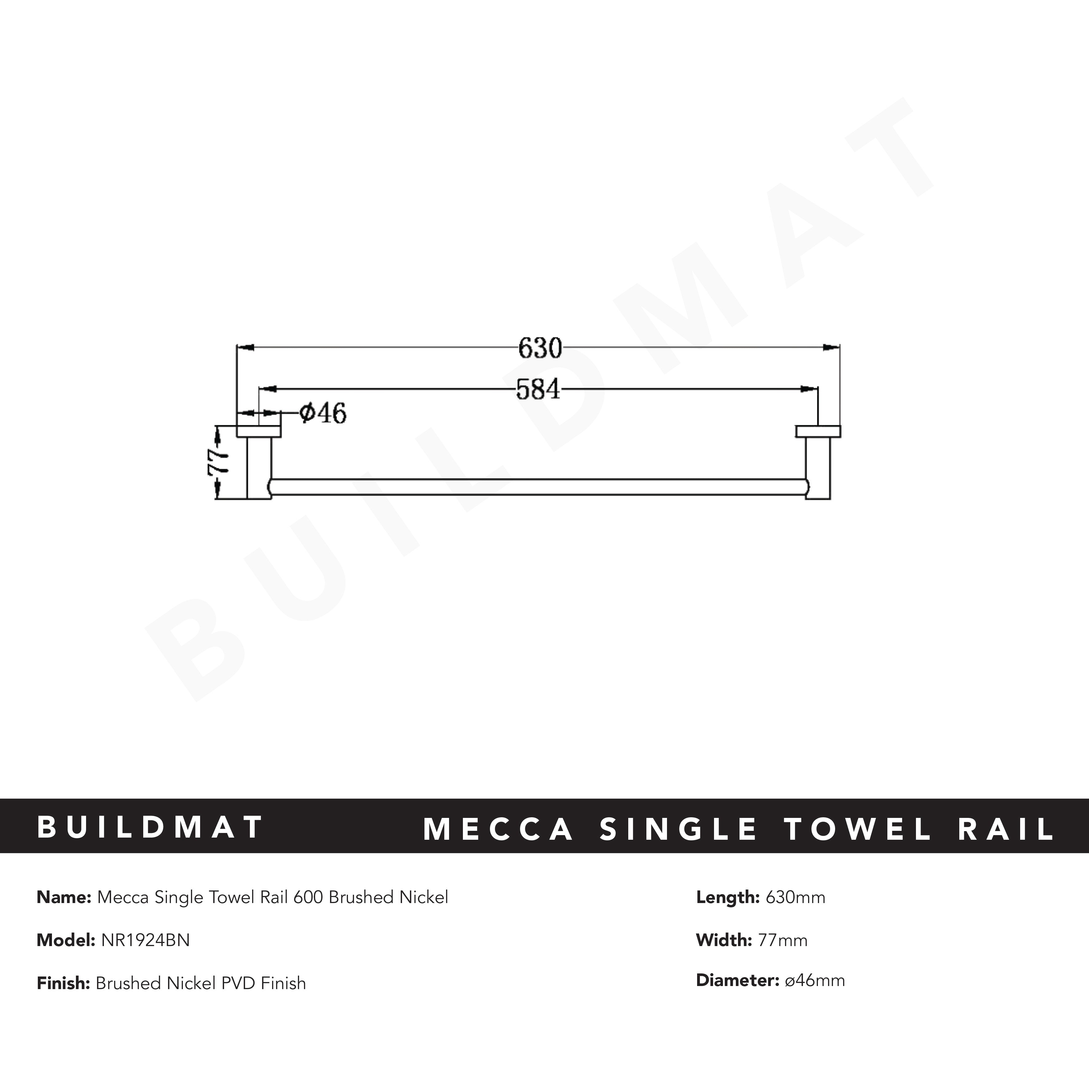 Mecca Single Towel Rail 600mm Brushed Nickel