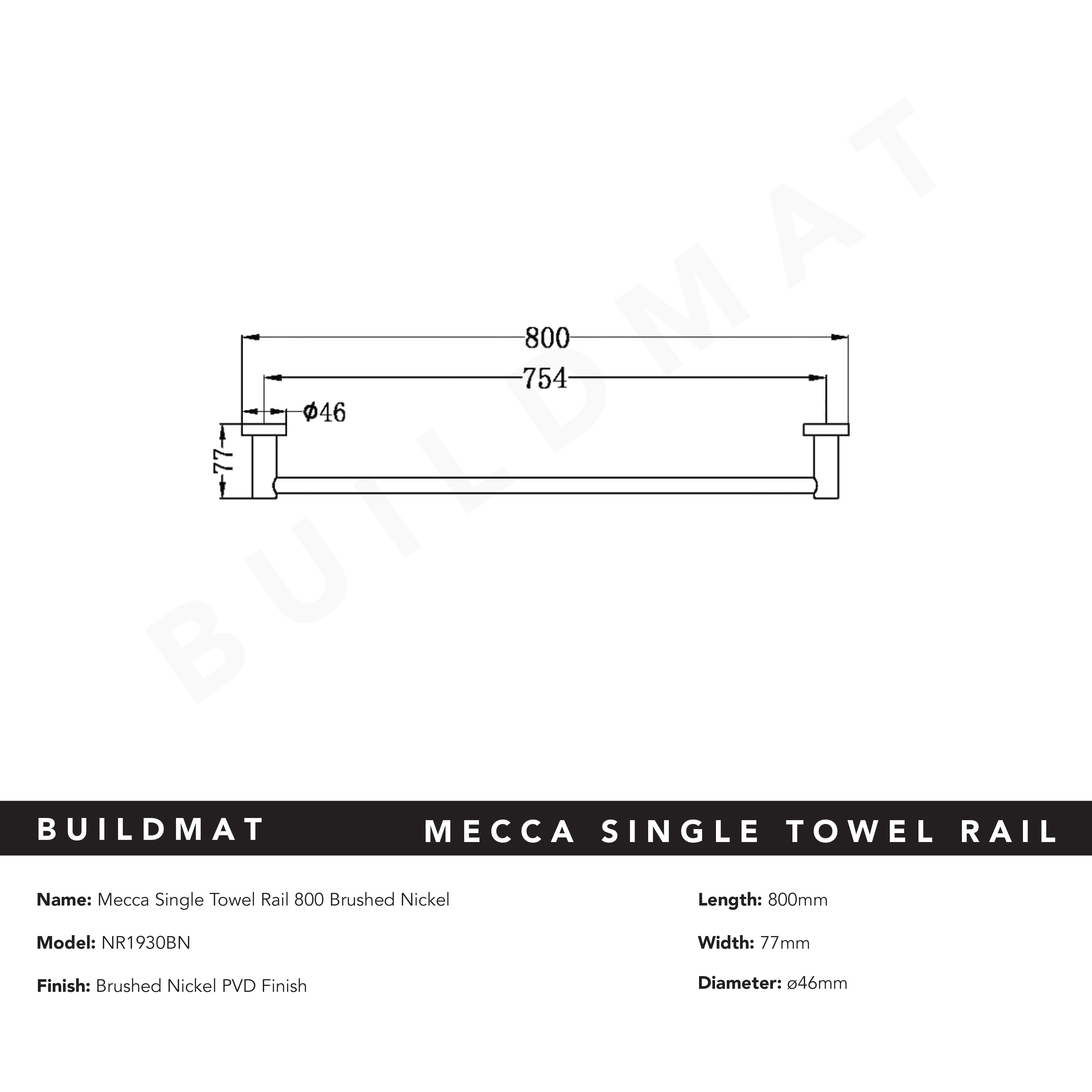 Mecca Single Towel Rail 800mm Brushed Nickel