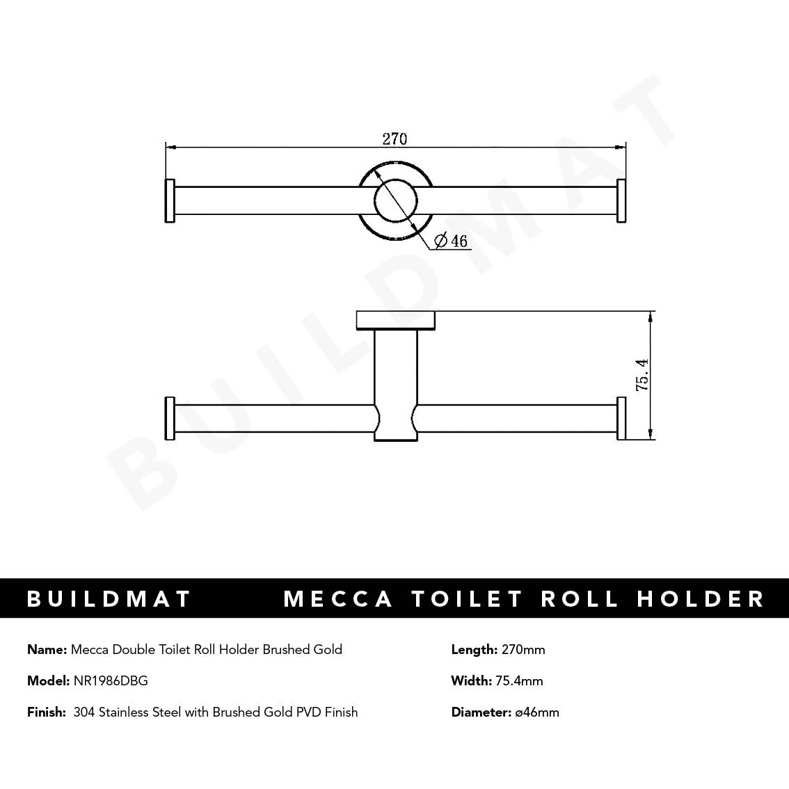 Mecca Double Toilet Roll Holder Brushed Gold