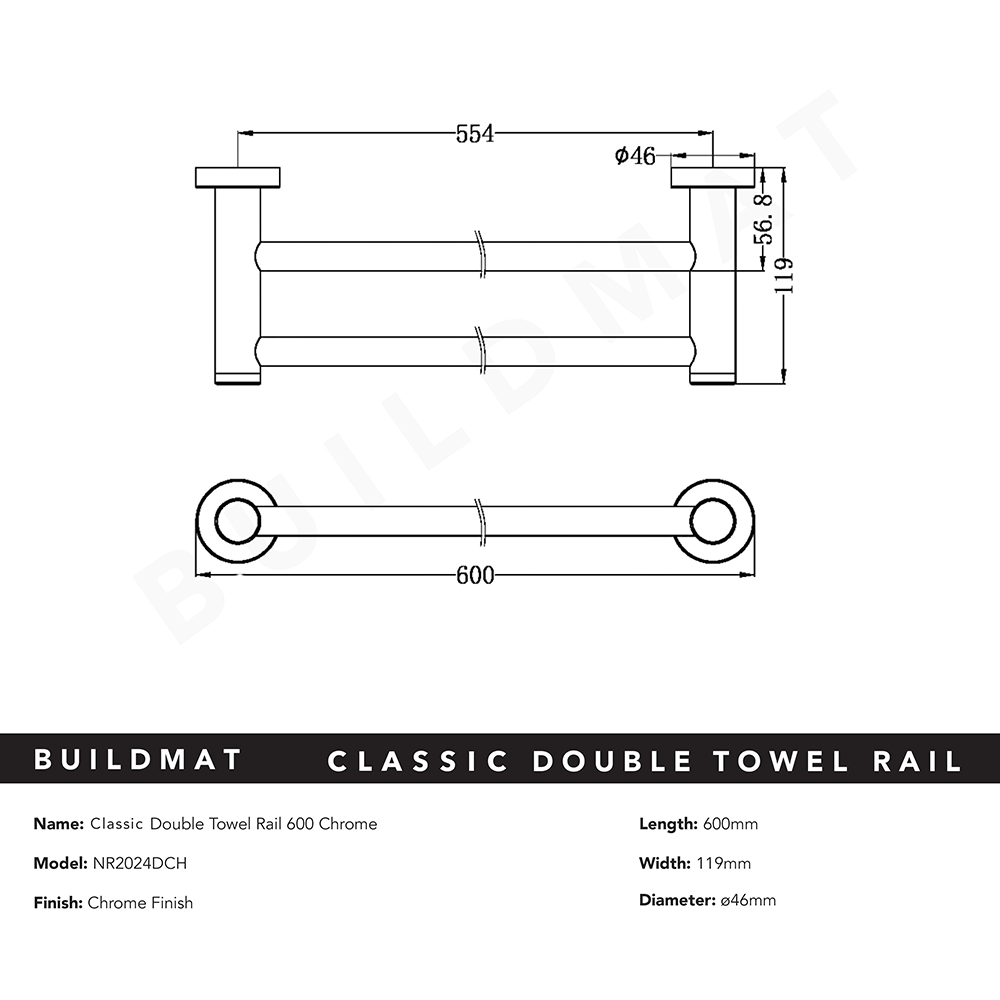 Classic Double Towel Rail 600mm Chrome