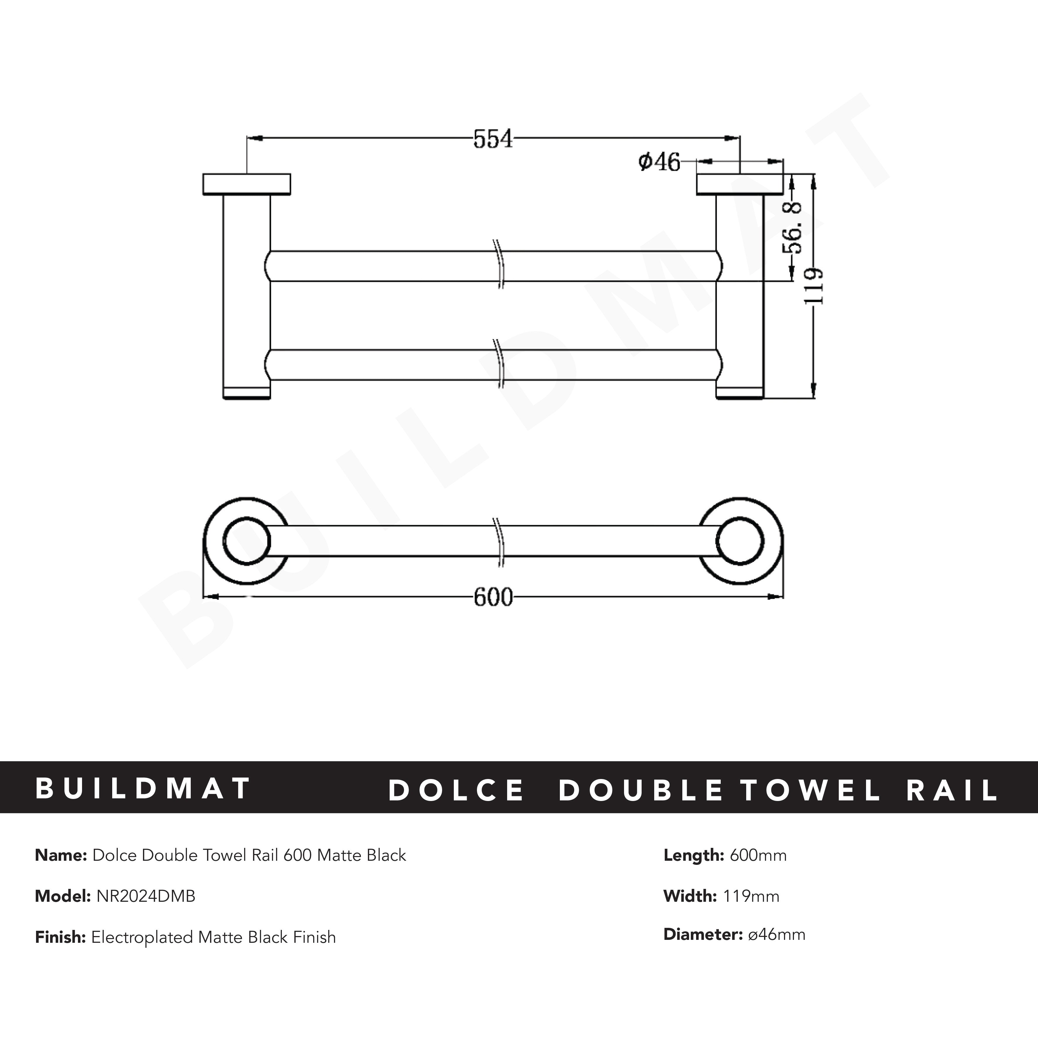 Dolce Double Towel Rail 600mm Matte Black